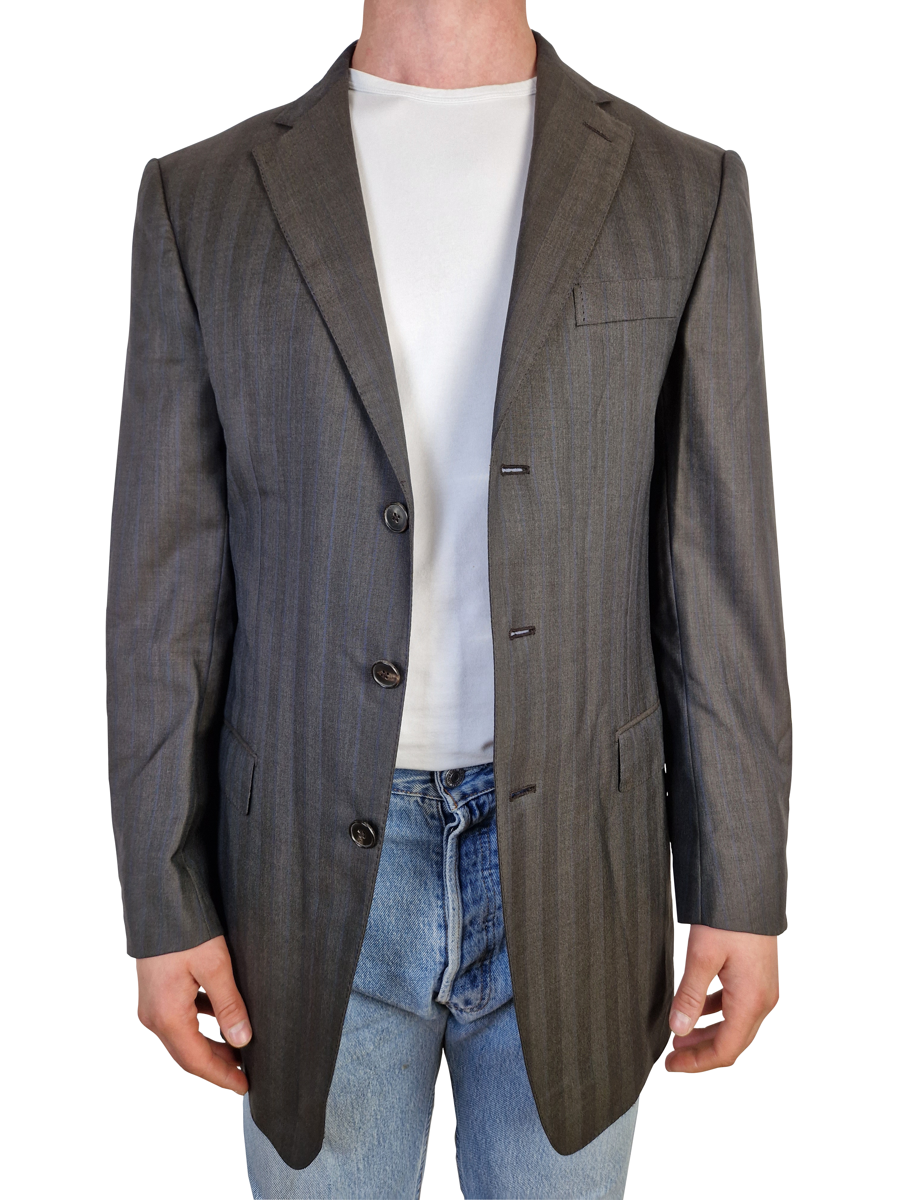 Modernes Ermenegildo Zegna Sakko Wolle 15 MilMil 15 Grau Blau  (50L) L-XL - RareRags