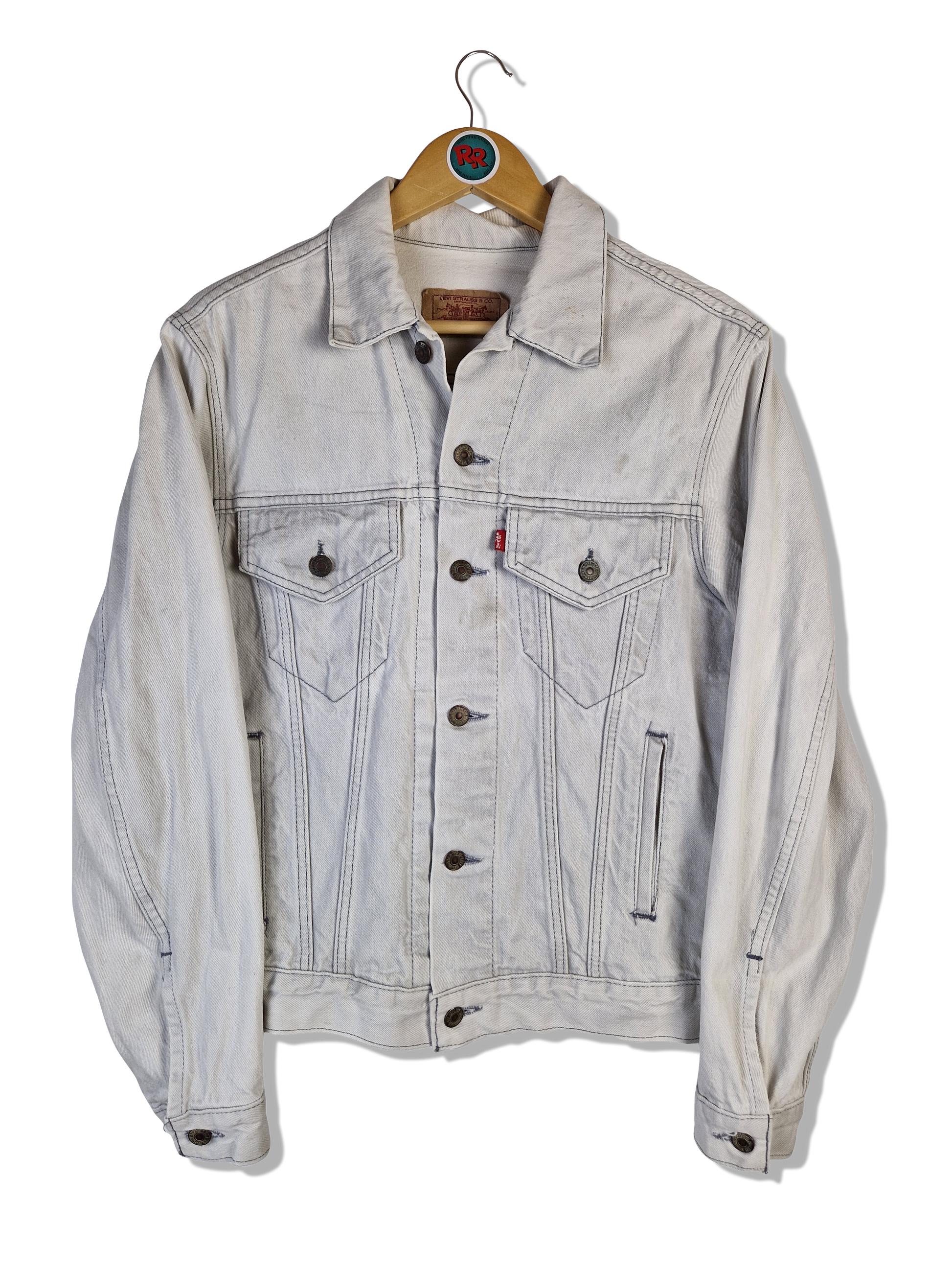Vintage Levis Jeansjacke 80s Made In USA Red Tab (40R) Hellgrau M - RareRags