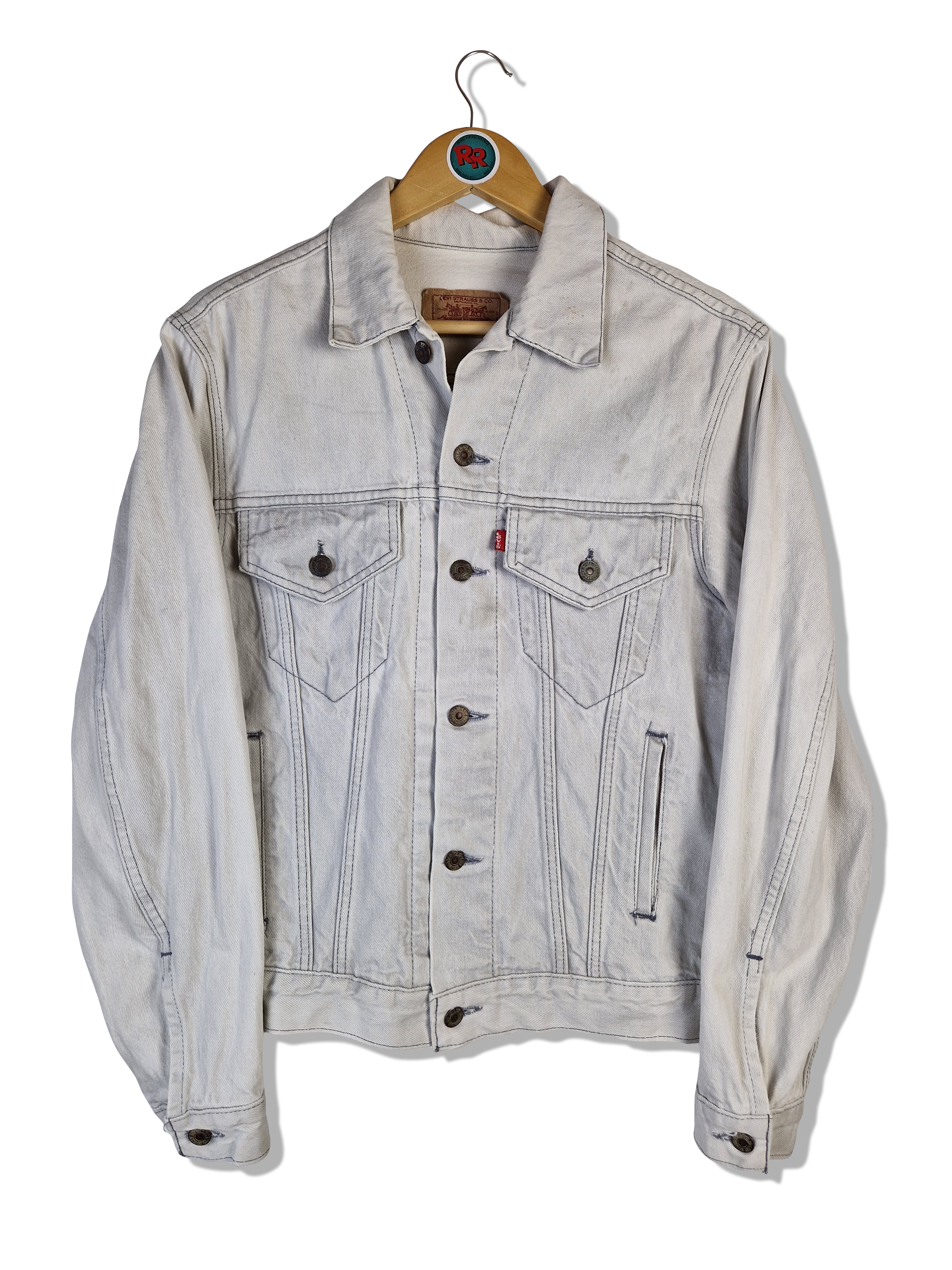 Vintage Levis Jeansjacke 80s Made In USA Red Tab (40R) Hellgrau M - RareRags