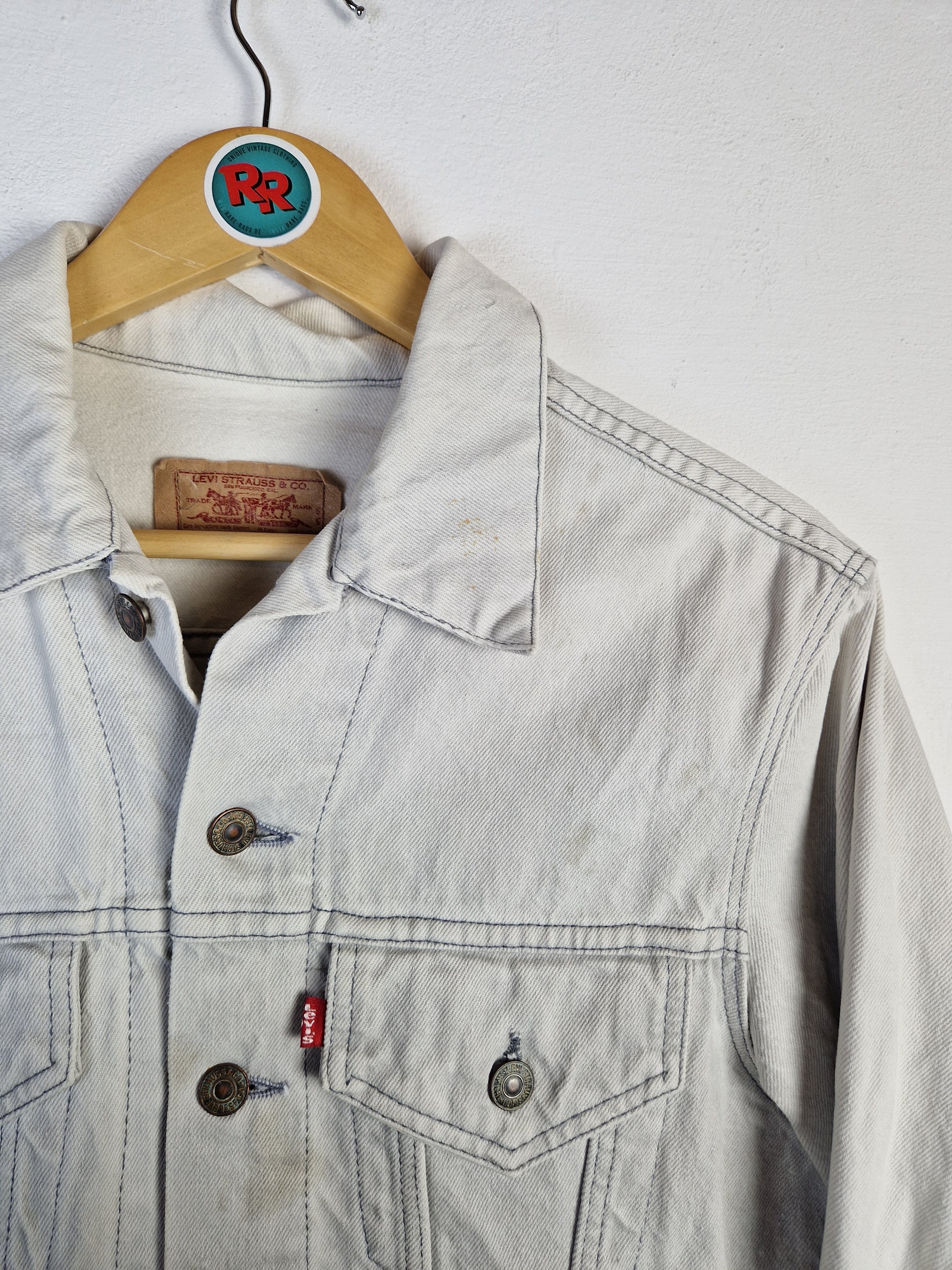 Vintage Levis Jeansjacke 80s Made In USA Red Tab (40R) Hellgrau M - RareRags