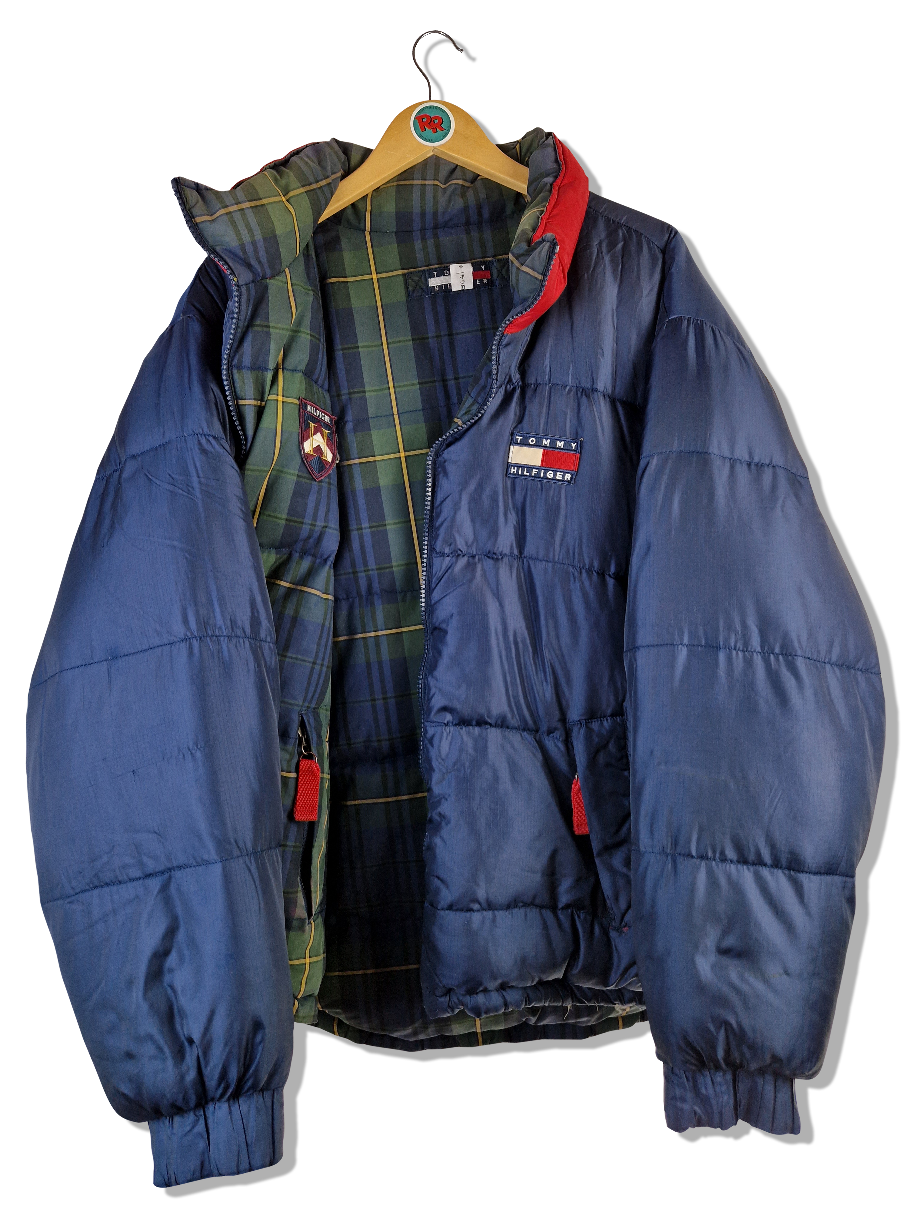 Vintage Tommy Hilfiger Daunenjacke Reversible Kariert x Monochrom Blau Grün XL - RareRags