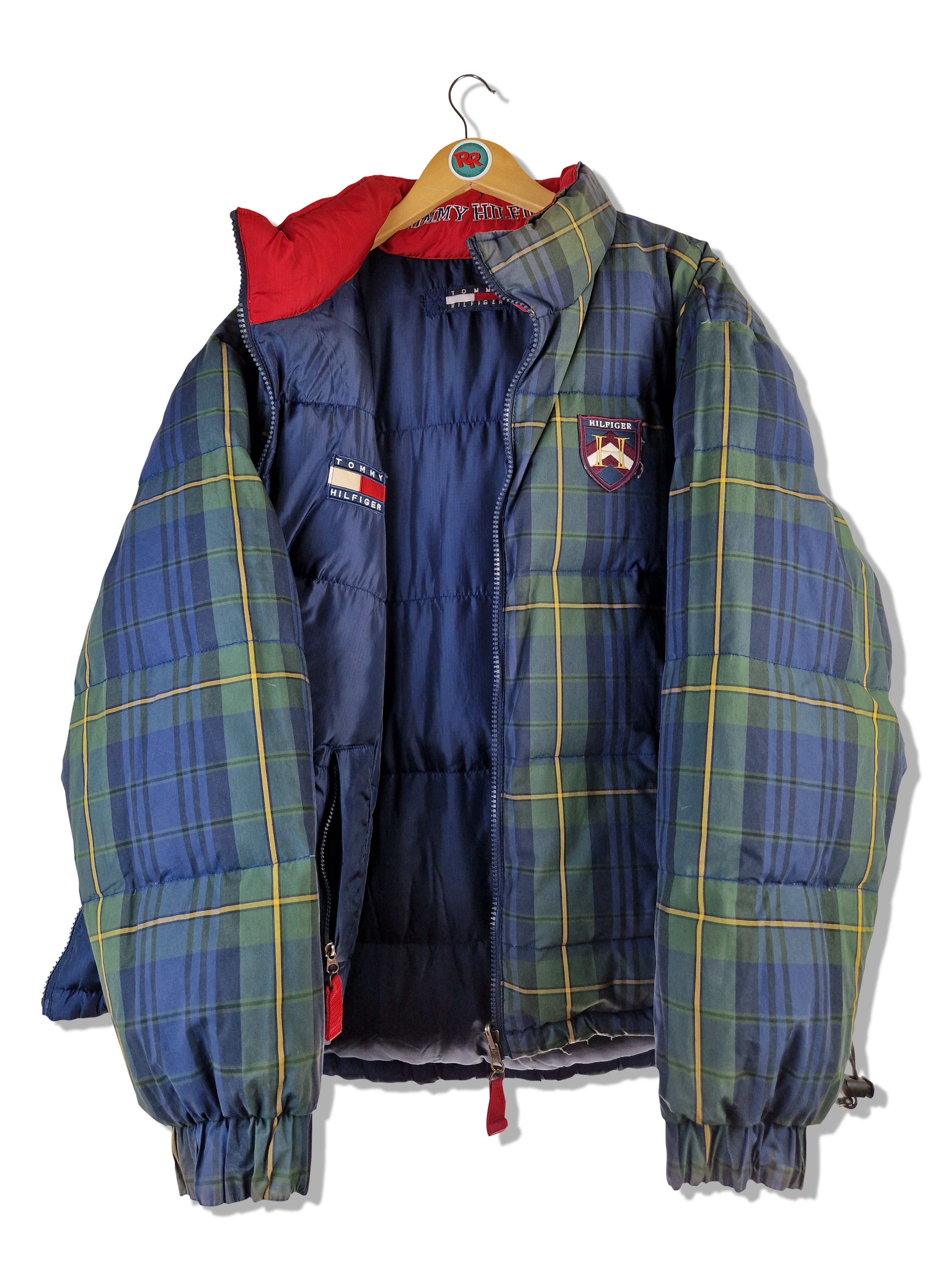 Vintage Tommy Hilfiger Daunenjacke Reversible Kariert x Monochrom Blau Grün XL - RareRags