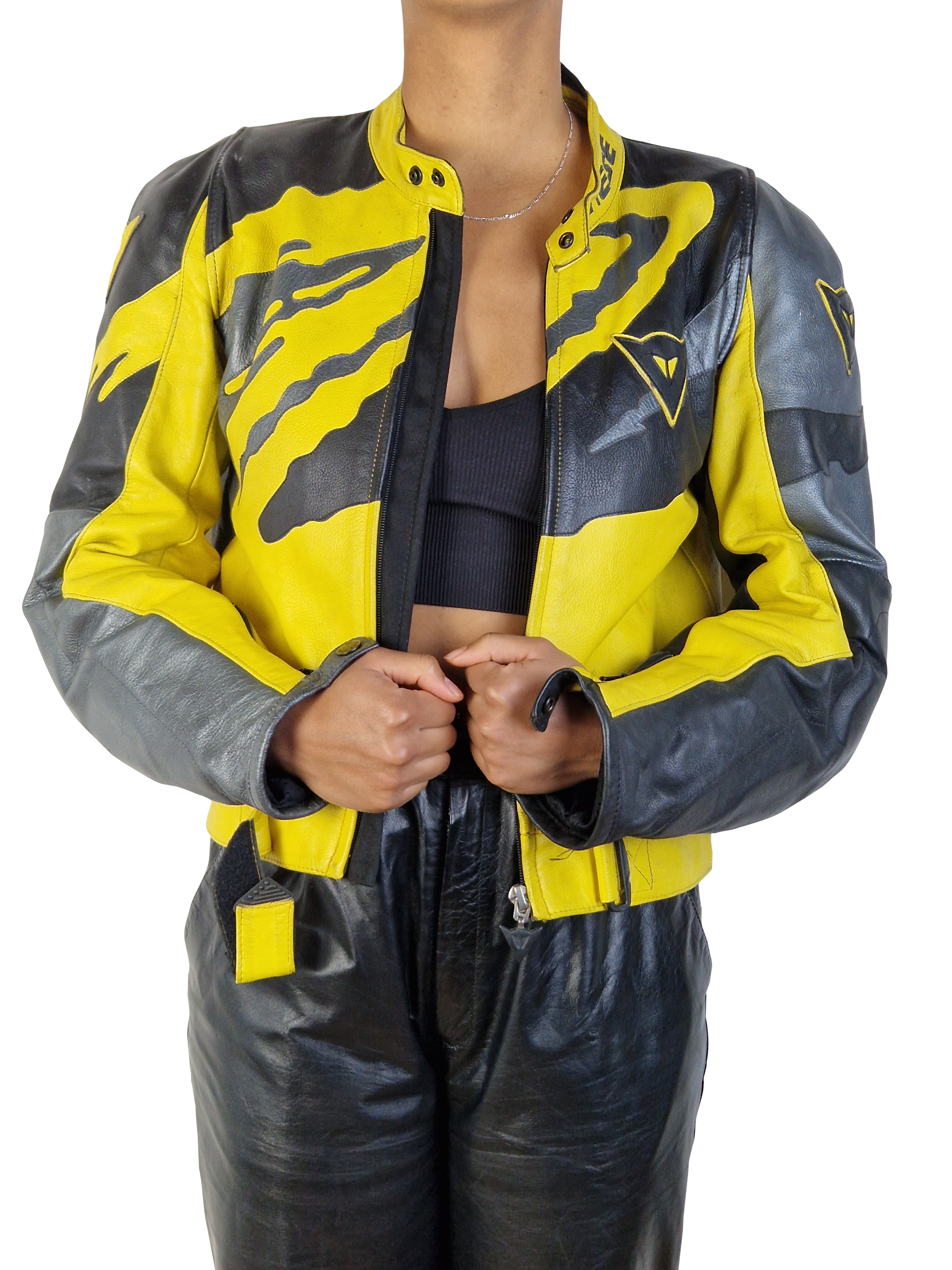 Vintage Drinese Bikerjacke Racing Motorrad Made In Italy Schwarz Gold (50) M-L