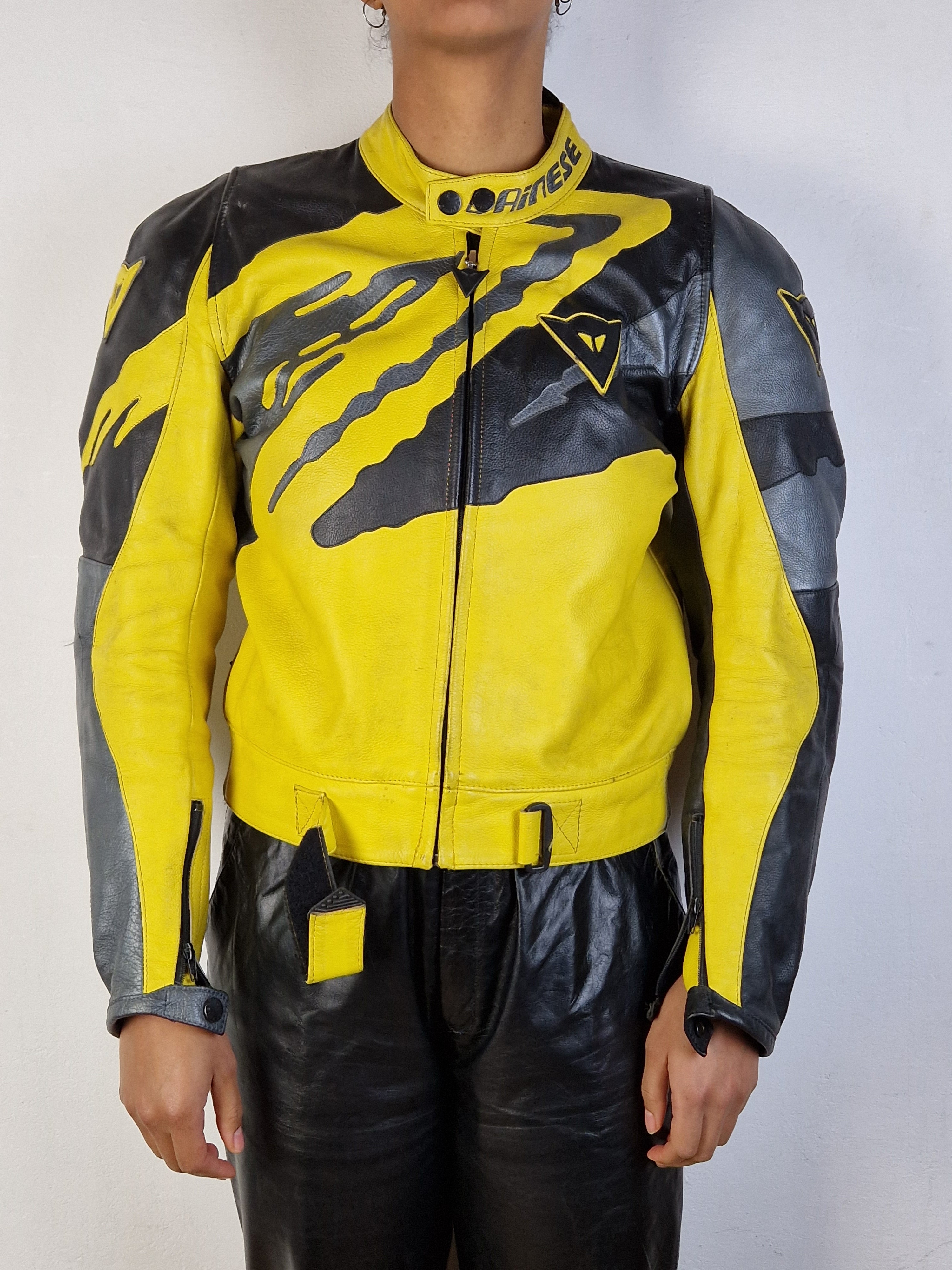 Vintage Drinese Bikerjacke Racing Motorrad Made In Italy Schwarz Gold (50) M-L