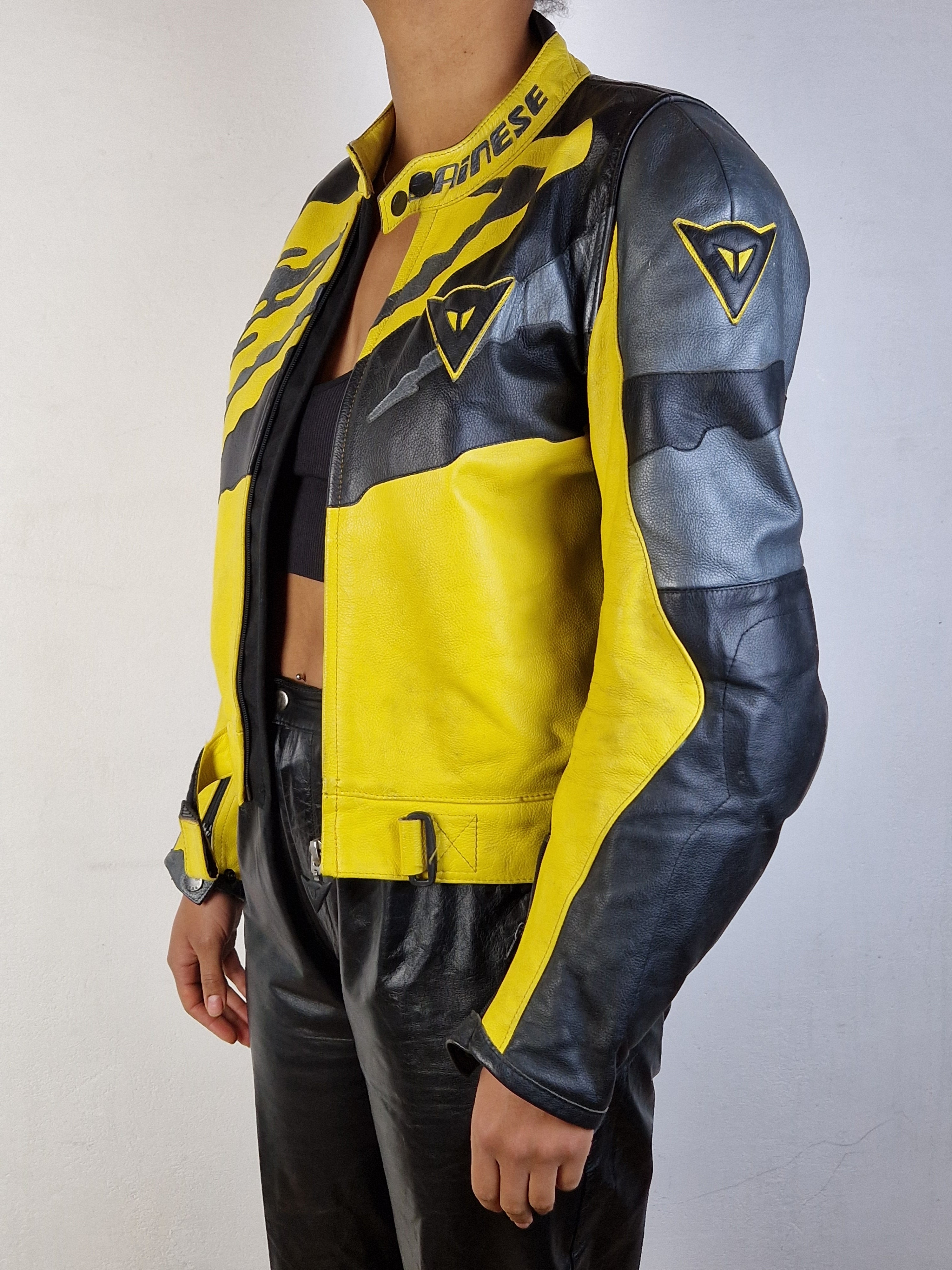 Vintage Drinese Bikerjacke Racing Motorrad Made In Italy Schwarz Gold (50) M-L
