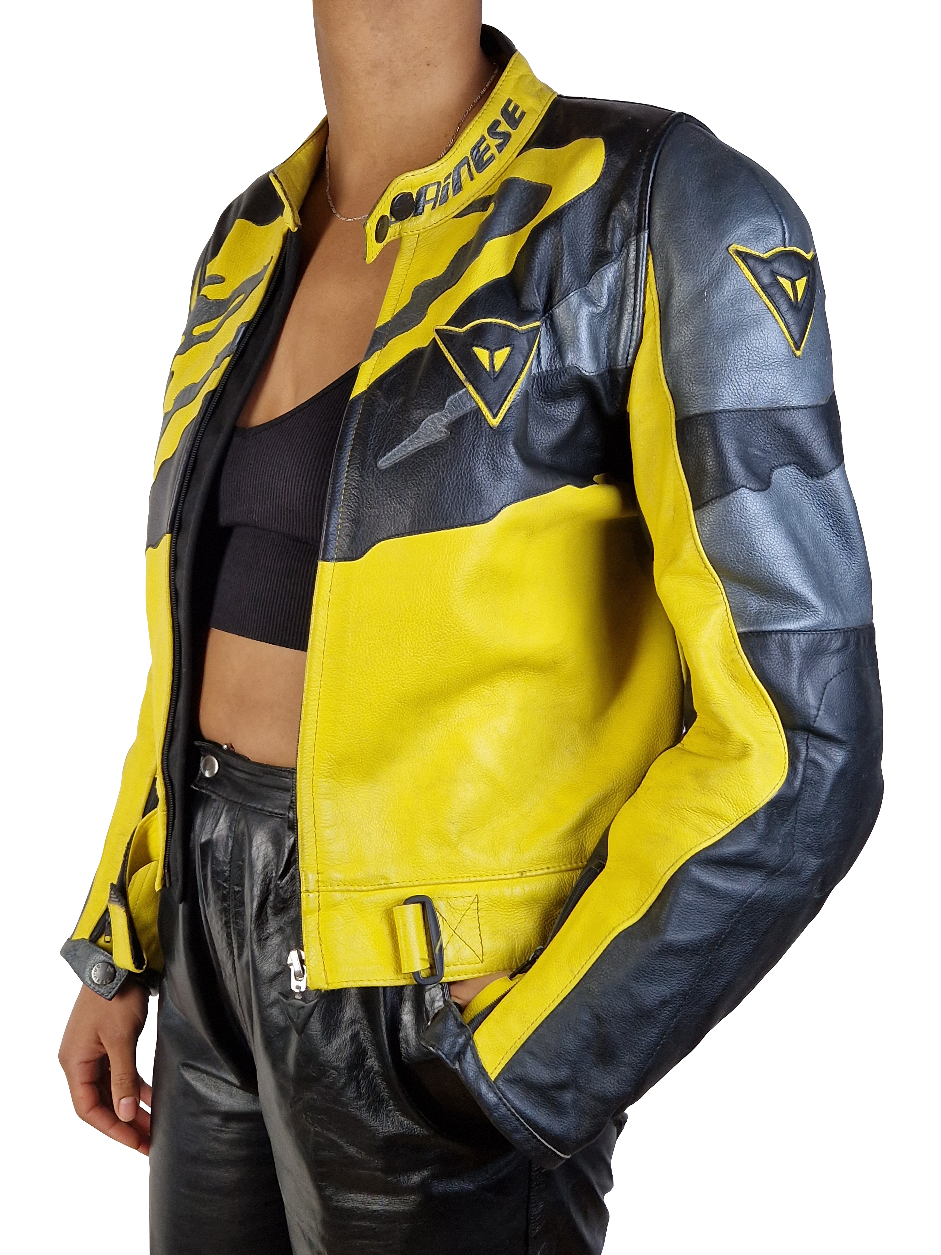 Vintage Drinese Bikerjacke Racing Motorrad Made In Italy Schwarz Gold (50) M-L