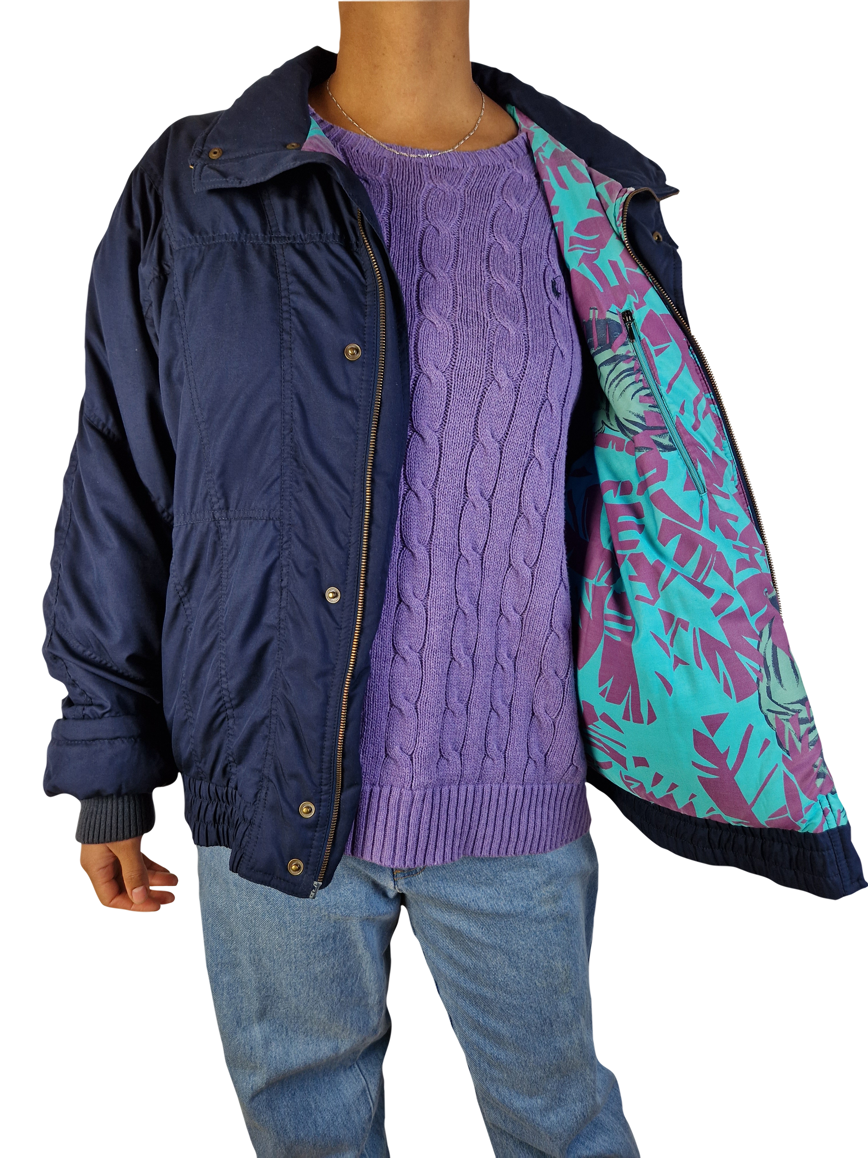 Vintage Head Winterjacke RiRi-Zipper Buntes Innenfutter Made In Portugal Dunkelblau (54) L-XL