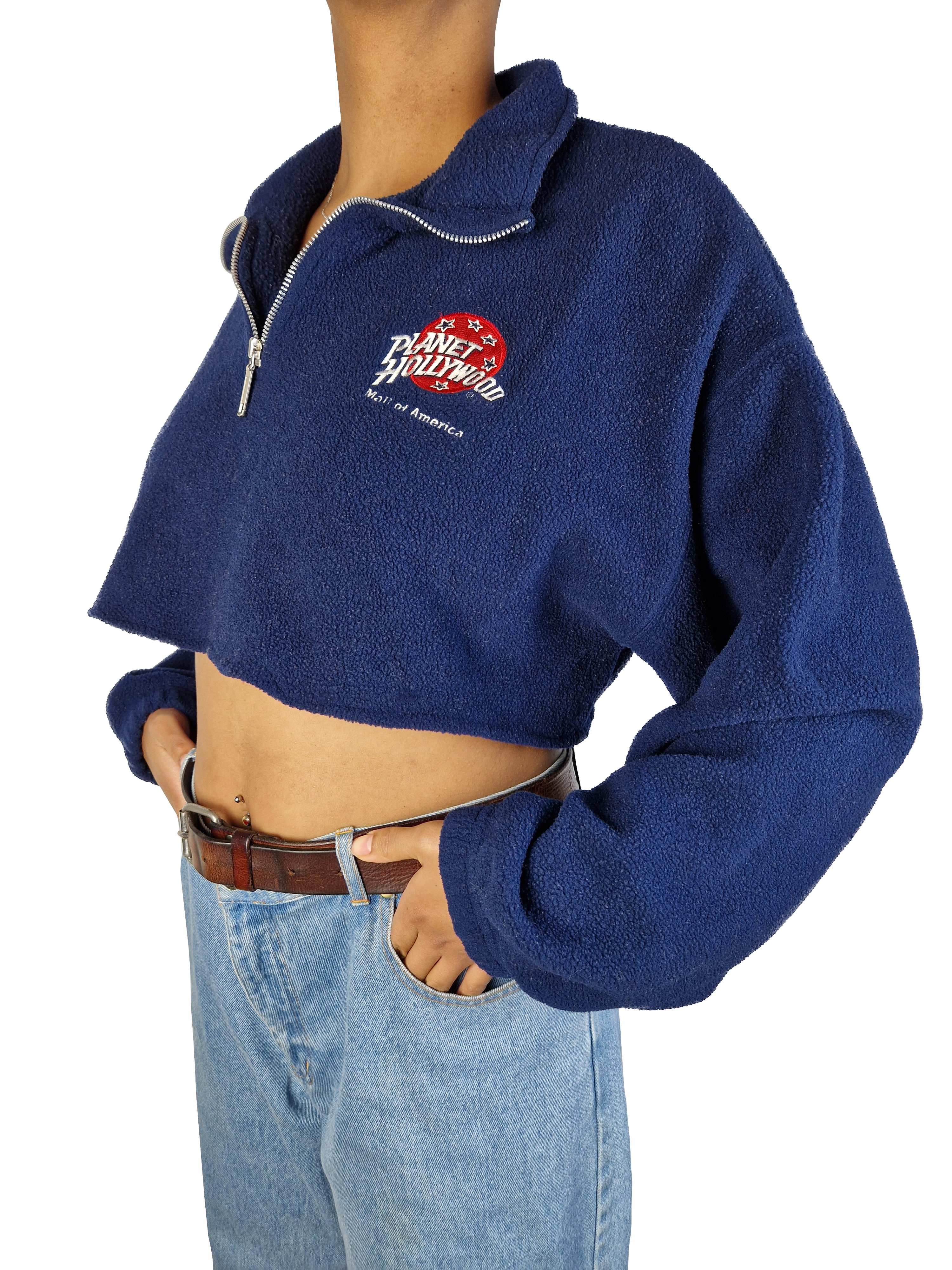Vintage Planet Hollywood Fleece 1991 Quarterzip Cropped Mall Of America Made In USA Dunkelblau  L-XL - RareRags