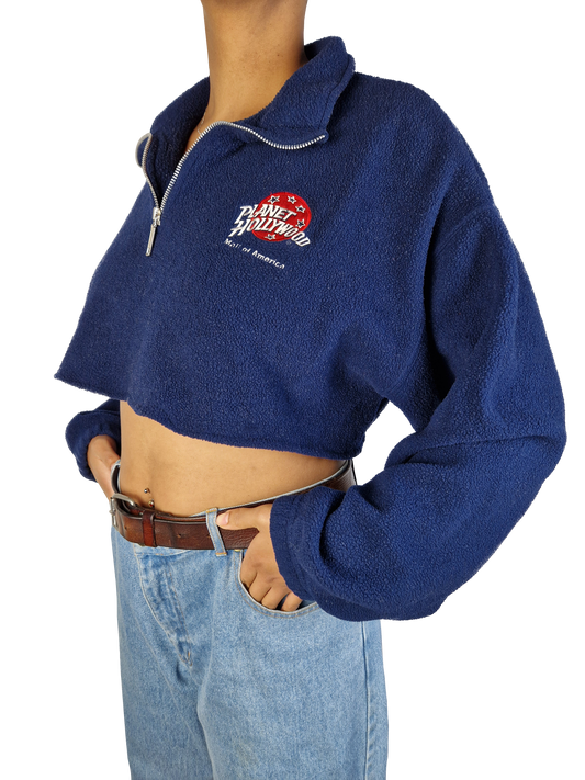 Vintage Planet Hollywood Fleece 1991 Quarterzip Cropped Mall Of America Made In USA Dunkelblau  L-XL