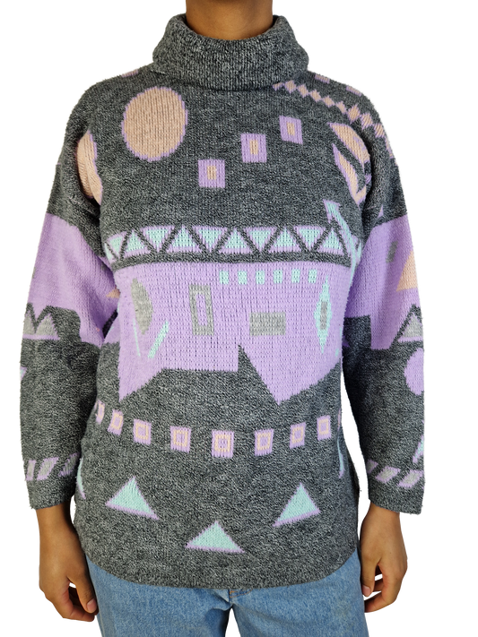 Vintage Rollkragen Knitwear 80s Made In France Grau Flieder L-XL