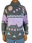 Vintage Rollkragen Knitwear 80s Made In France Grau Flieder L-XL