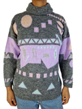 Vintage Rollkragen Knitwear 80s Made In France Grau Flieder L-XL