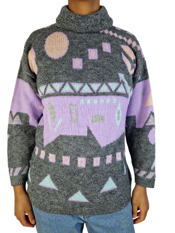 Vintage Rollkragen Knitwear 80s Made In France Grau Flieder L-XL