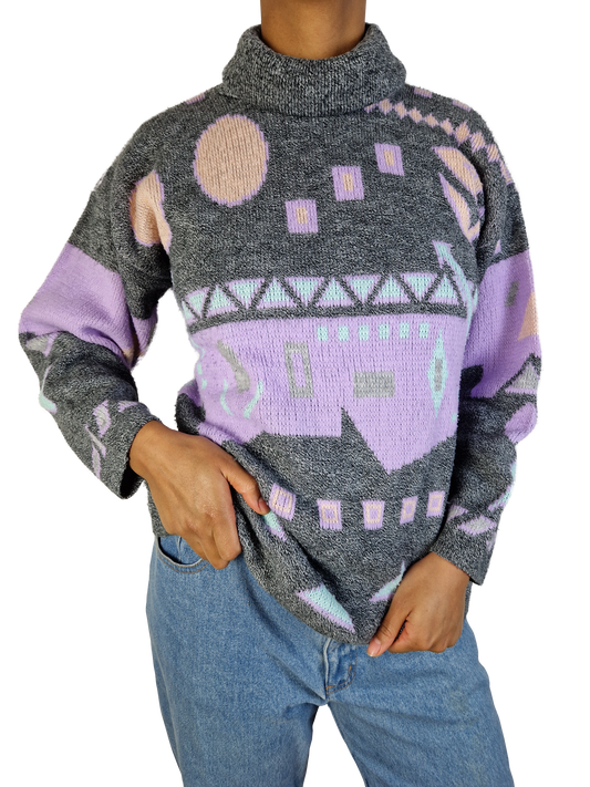 Vintage Rollkragen Knitwear 80s Made In France Grau Flieder L-XL
