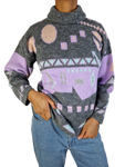 Vintage Rollkragen Knitwear 80s Made In France Grau Flieder L-XL