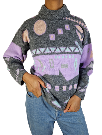 Vintage Rollkragen Knitwear 80s Made In France Grau Flieder L-XL