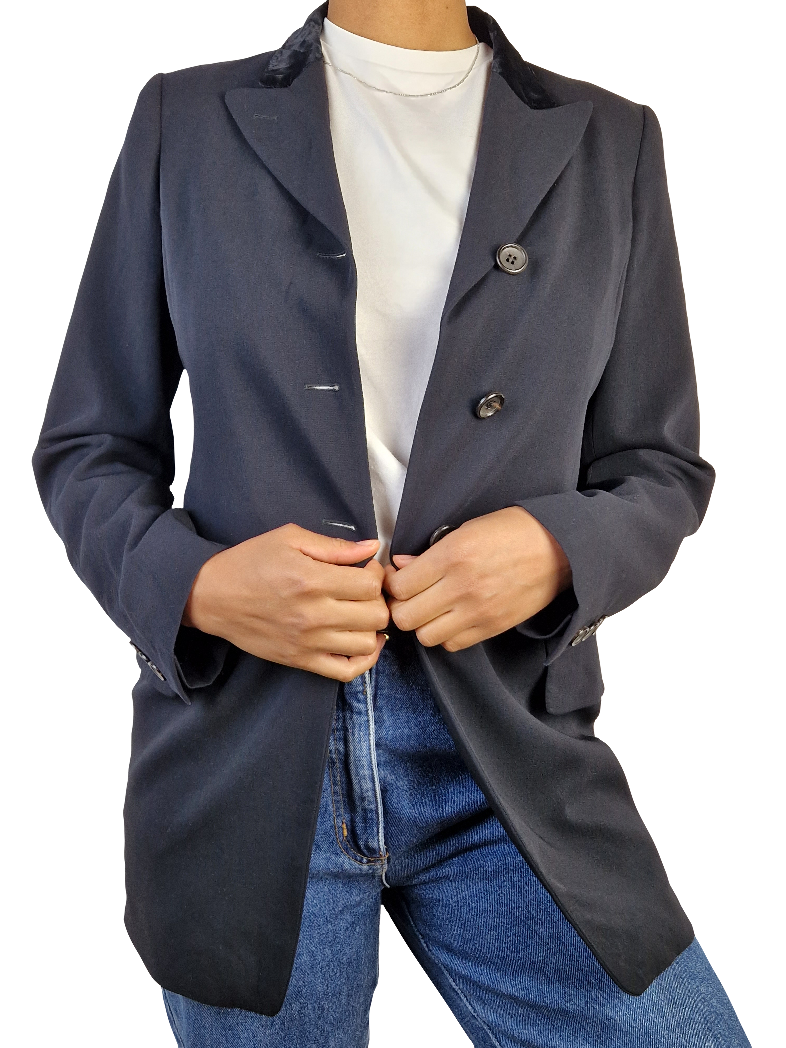 Vintage Jil Sander Blazer Schurwolle Samtiger Velourkragen  Schwarz (36) S - RareRags