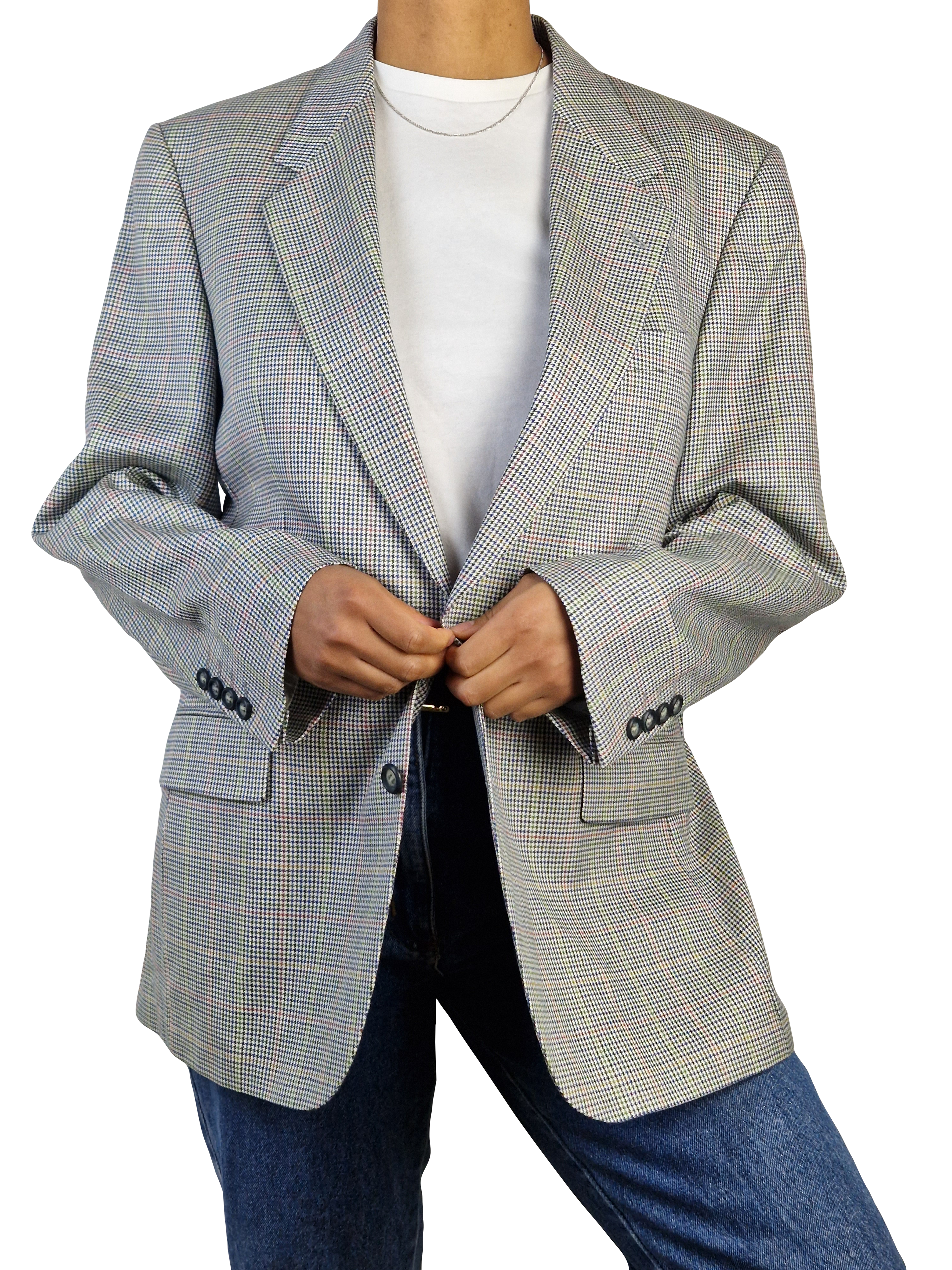 Vintage Schildt Blazer Wolle & Seide Kariert Weiß L-XL - RareRags