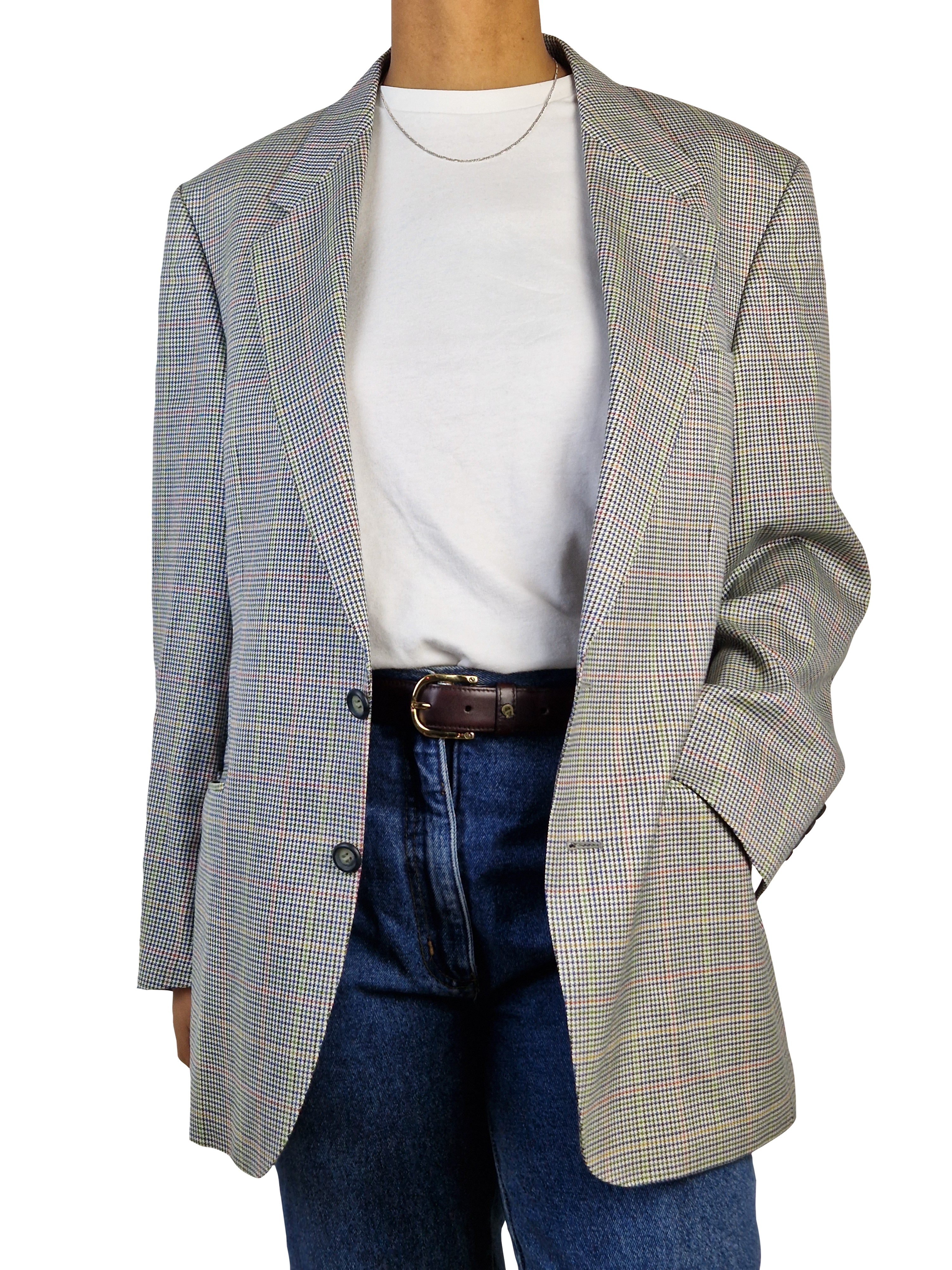 Vintage Schildt Blazer Wolle & Seide Kariert Weiß L-XL - RareRags