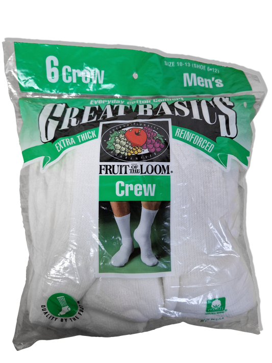 Rare! Vintage Fruit Of The Loom Crew Socks 6er Pack 1997 Deadstock Made In USA Weiß