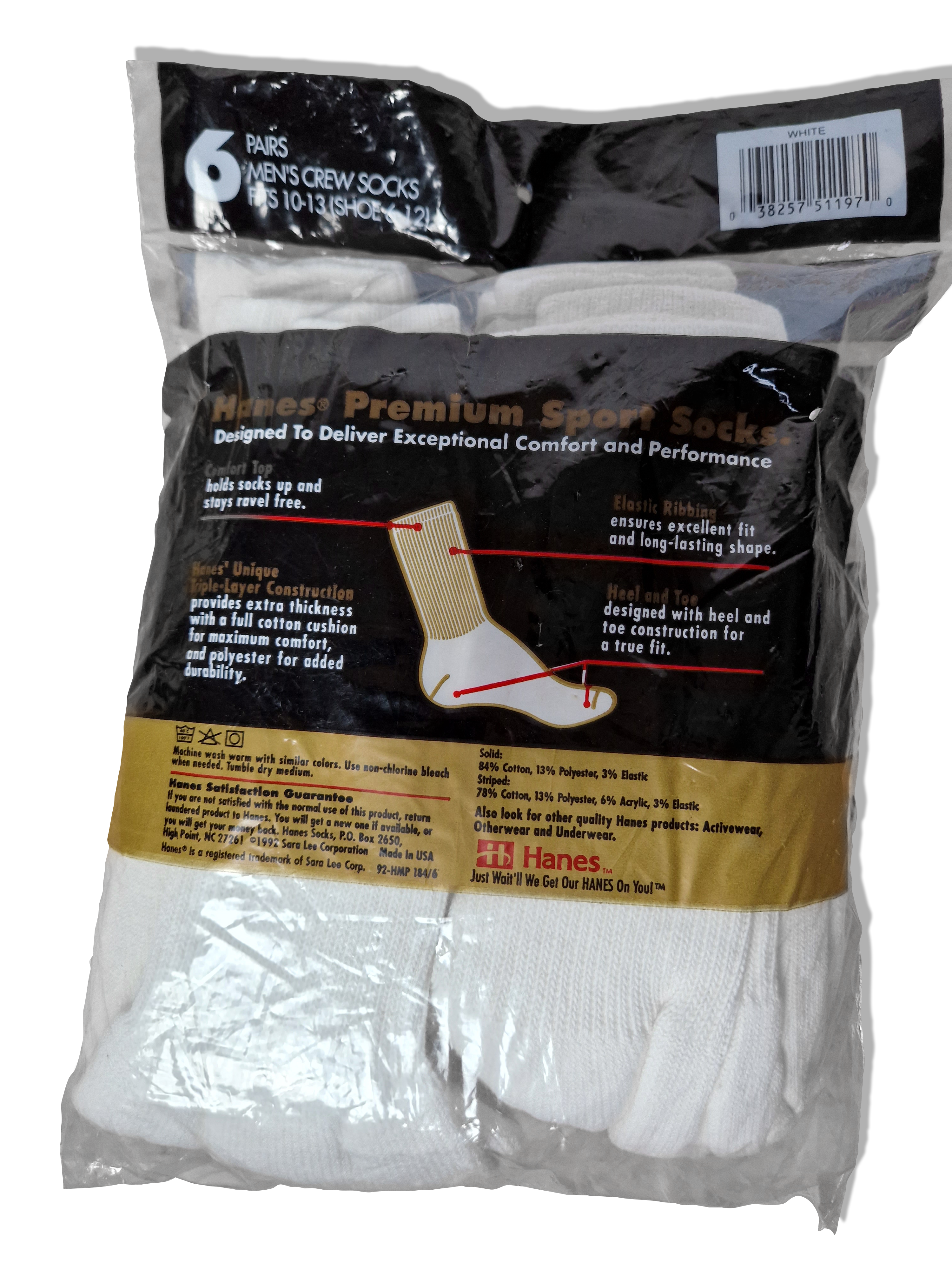 Rare! Vintage Hanes Crew Socks 1992 6erPack Deadstock Made In USA Weiß - RareRags
