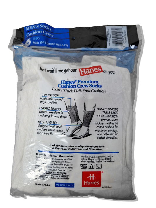 Rare! Vintage Hanes Crew Socks Extra Thick 1993 6erPack Deadstock Made In USA Weiß