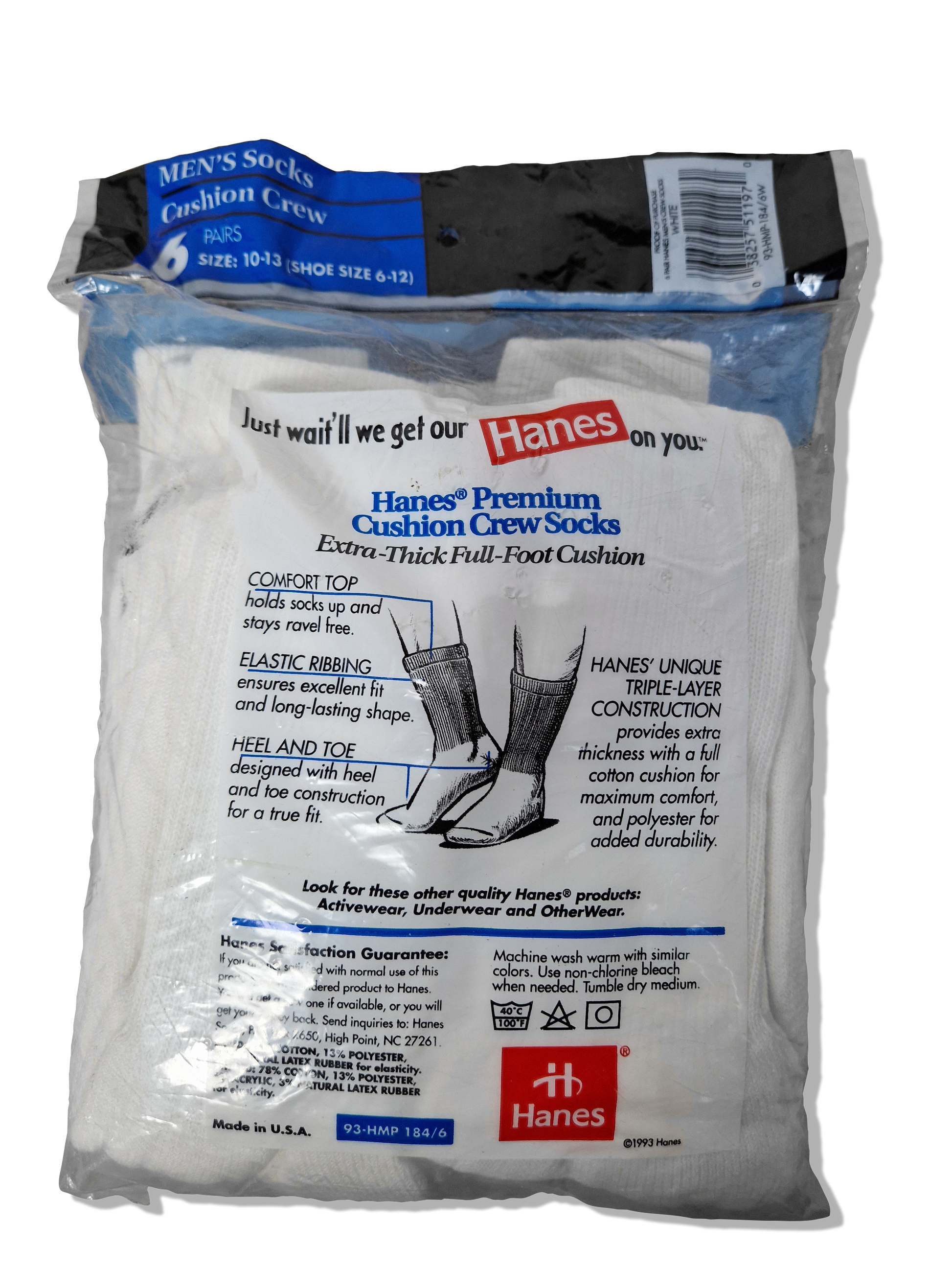 Rare! Vintage Hanes Crew Socks Extra Thick 1993 6erPack Deadstock Made In USA Weiß - RareRags