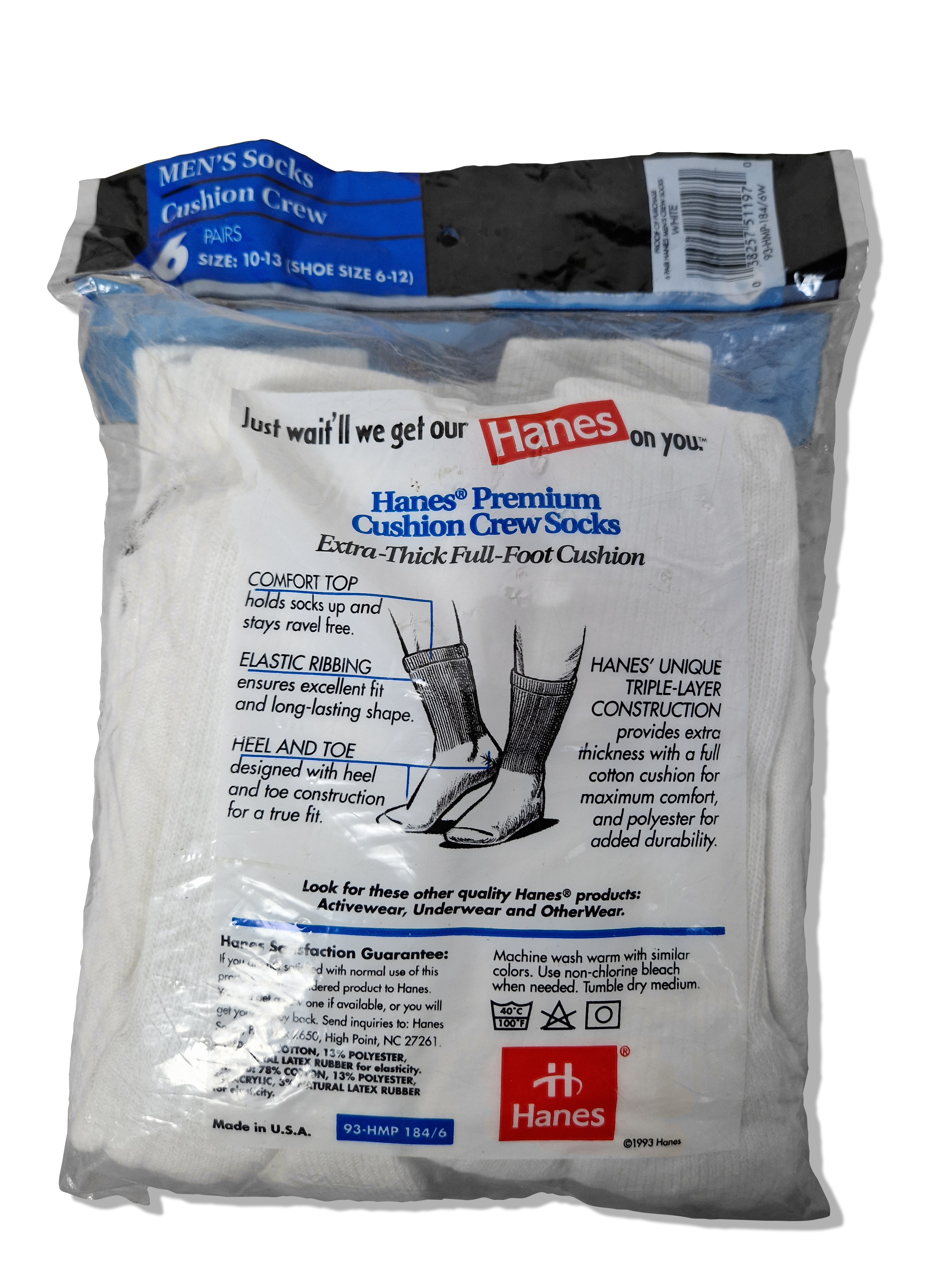 Rare! Vintage Hanes Crew Socks Extra Thick 1993 6erPack Deadstock Made In USA Weiß - RareRags