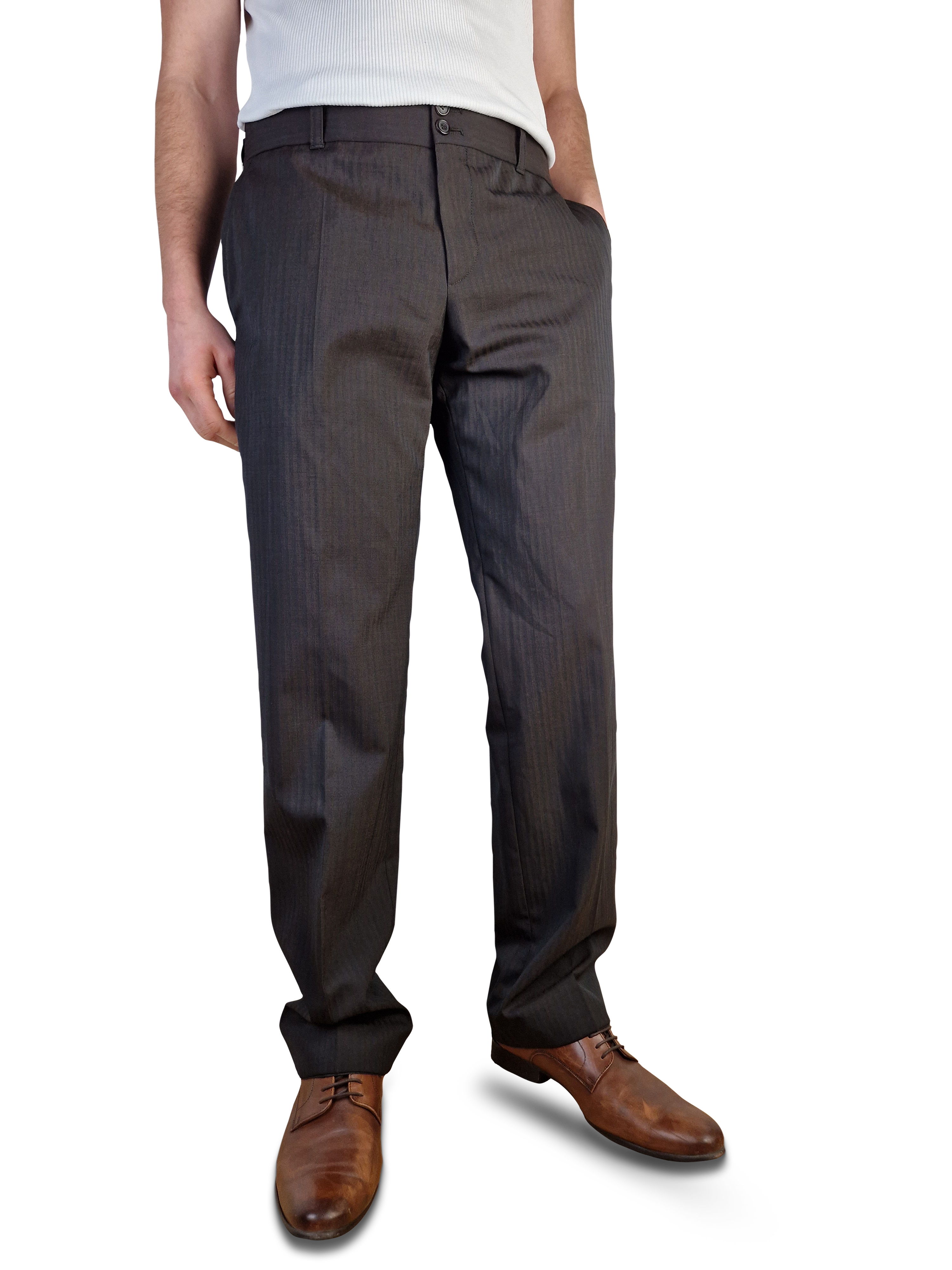 Moderne Hugo Boss Anzughose Basic Mit Schurwolle Gestreift Braun (50) L-XL - RareRags