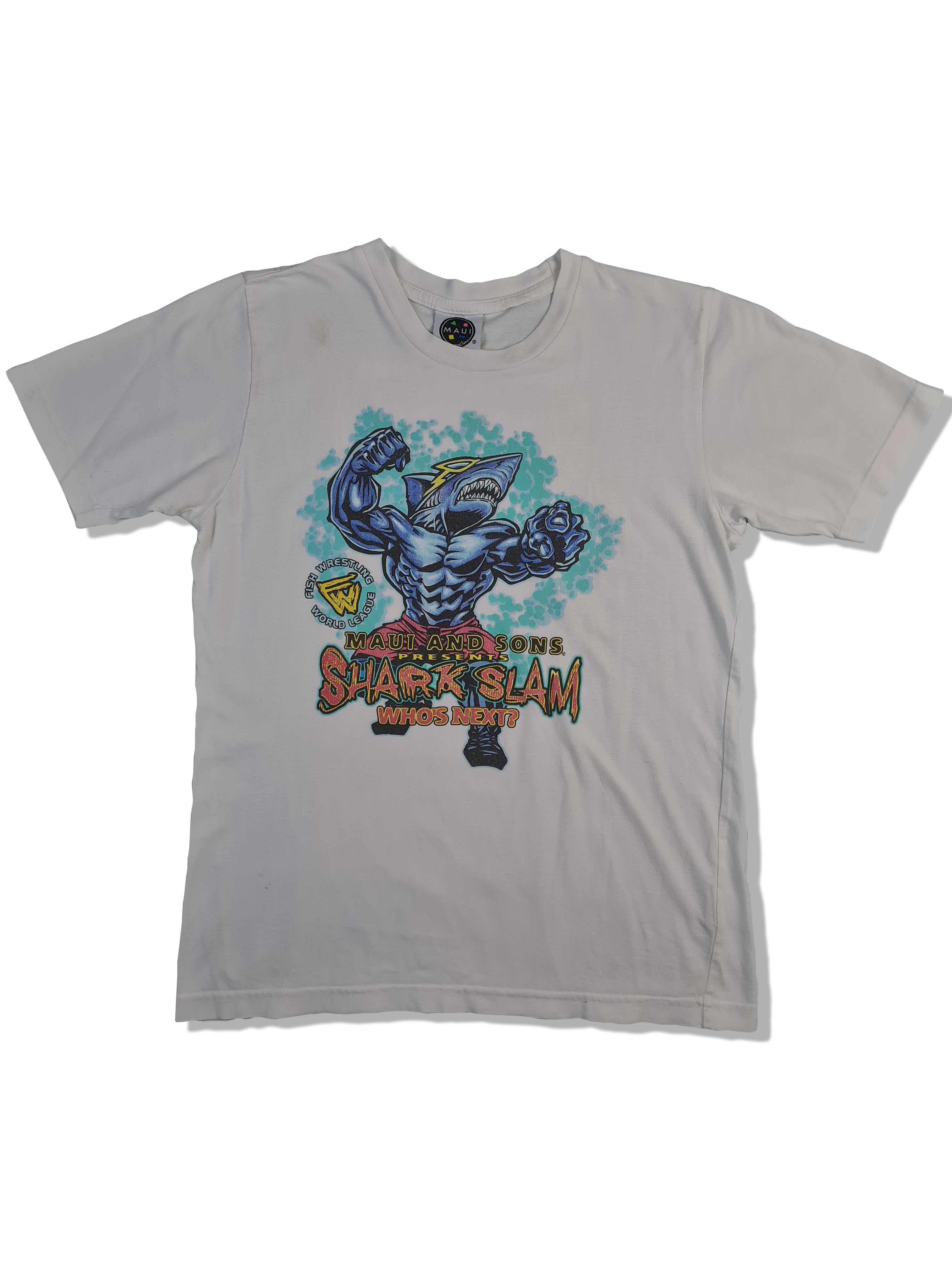Vintage Maui & Sons Shirt Shark Slam USA Bedruckt Weiß S-M