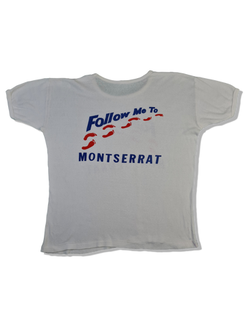 Vintage Tourist Shirt 80s "Follow me to Montserrat" Karibik Single Stitched Bedruckt Weiß M-L