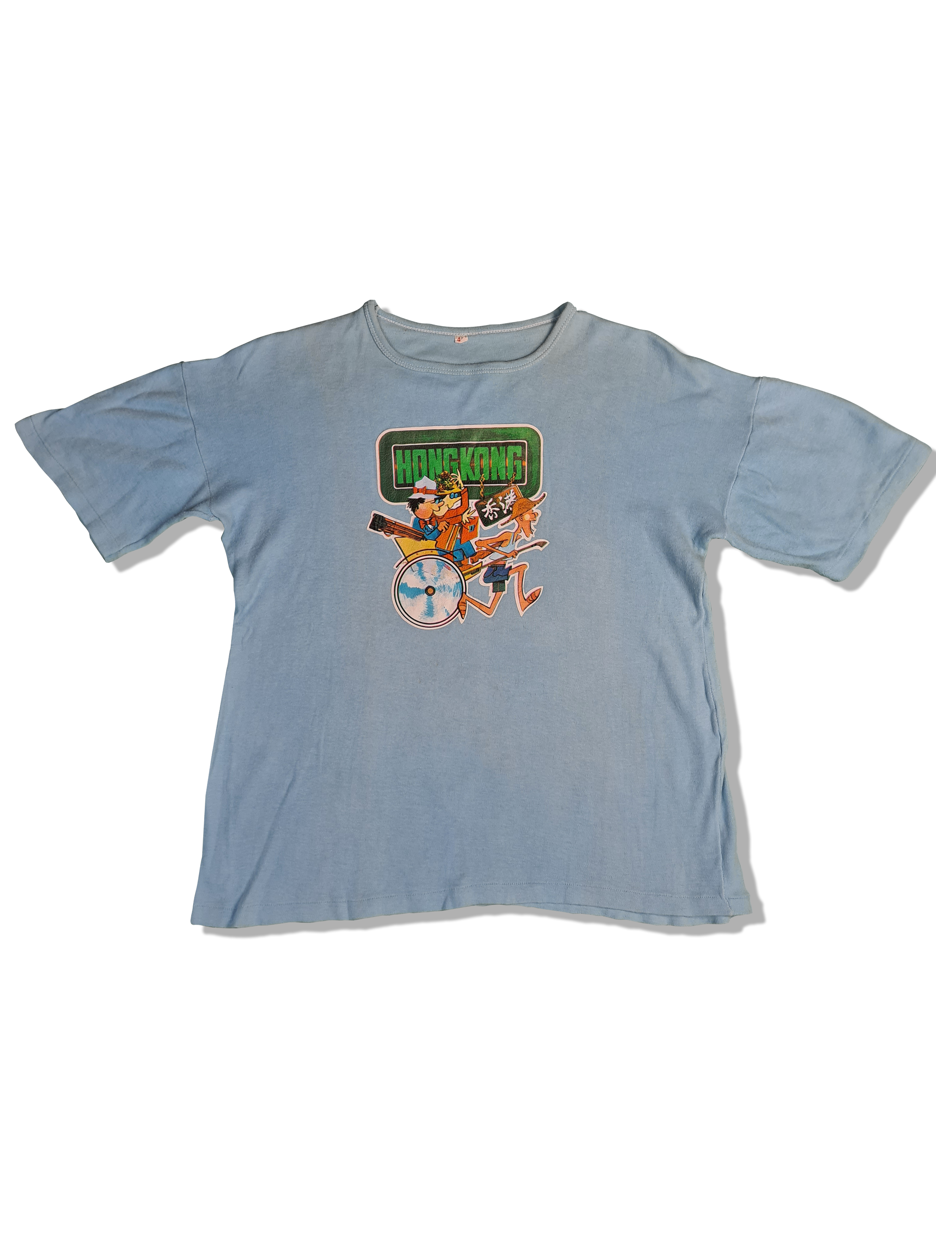 Vintage Tourist Shirt 70s Hong Kong Single Stitched Hellblau S-M - RareRags