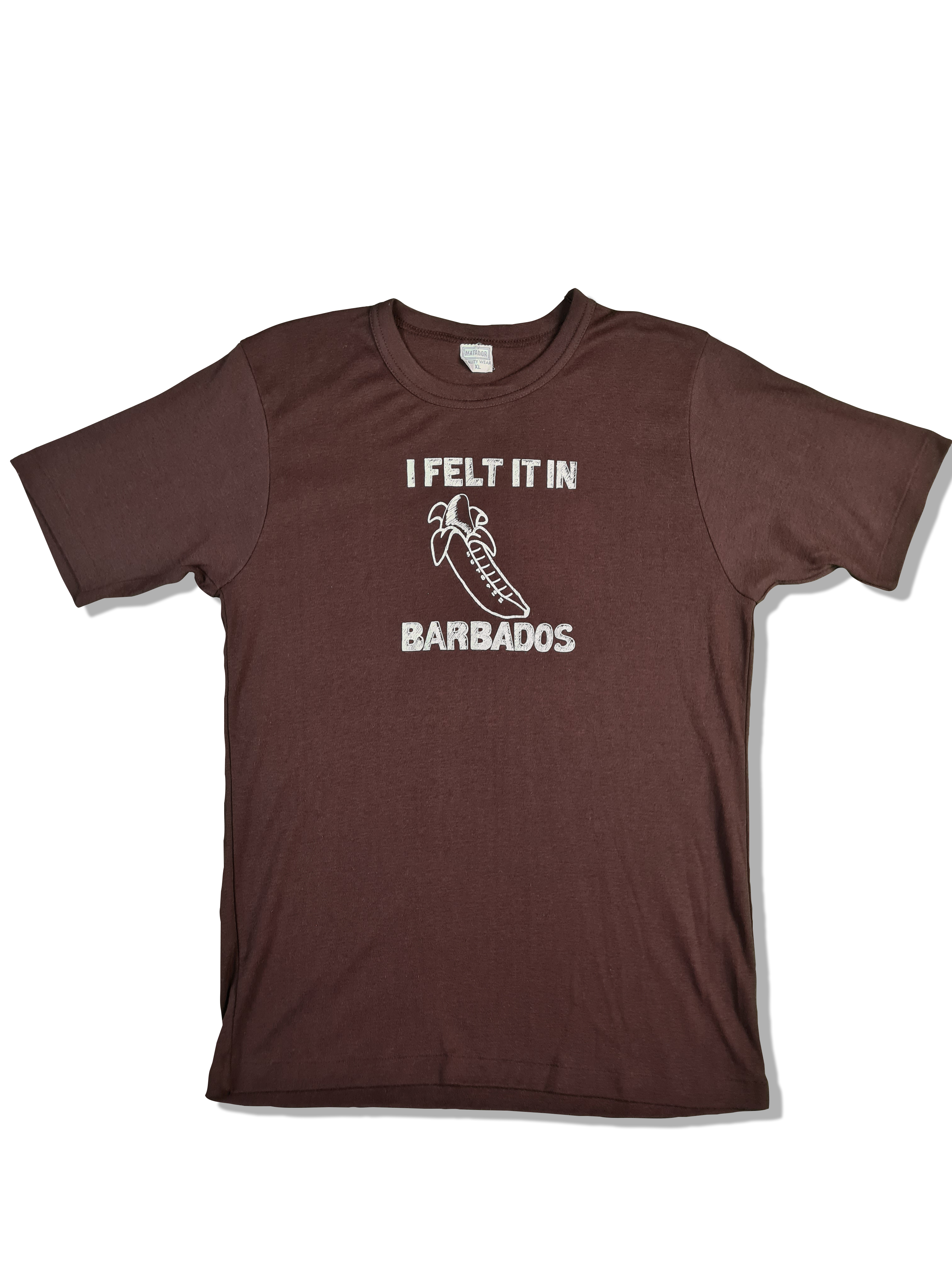 Vintage Matador Shirt 70s Tourist "I Felt It In Barbados" Single Stitched Braun L-XL - RareRags