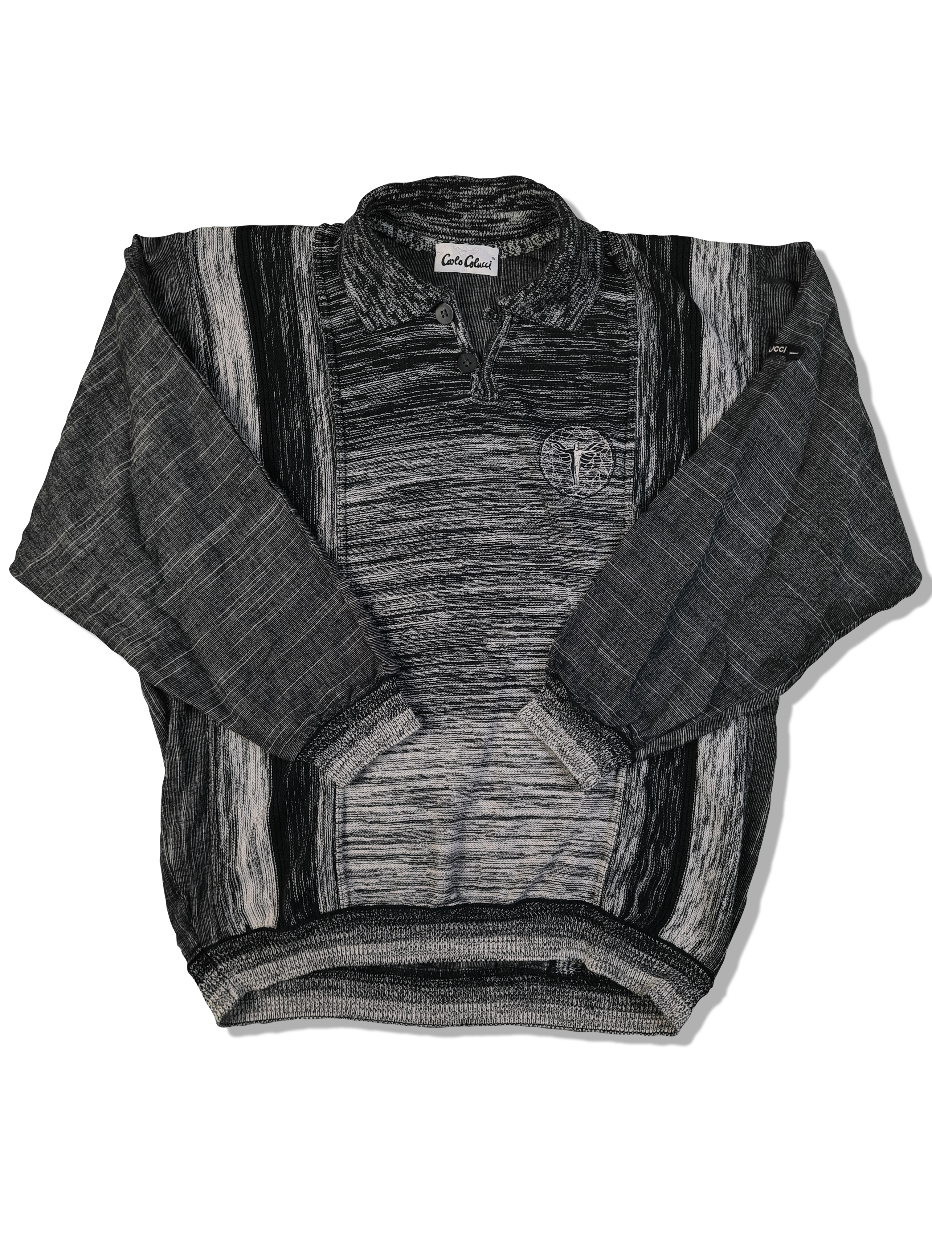 Vintage Carlo Colucci Strickpulli Leinen Mit Polokragen Meliert Grau Schwarz (50) M-L - RareRags
