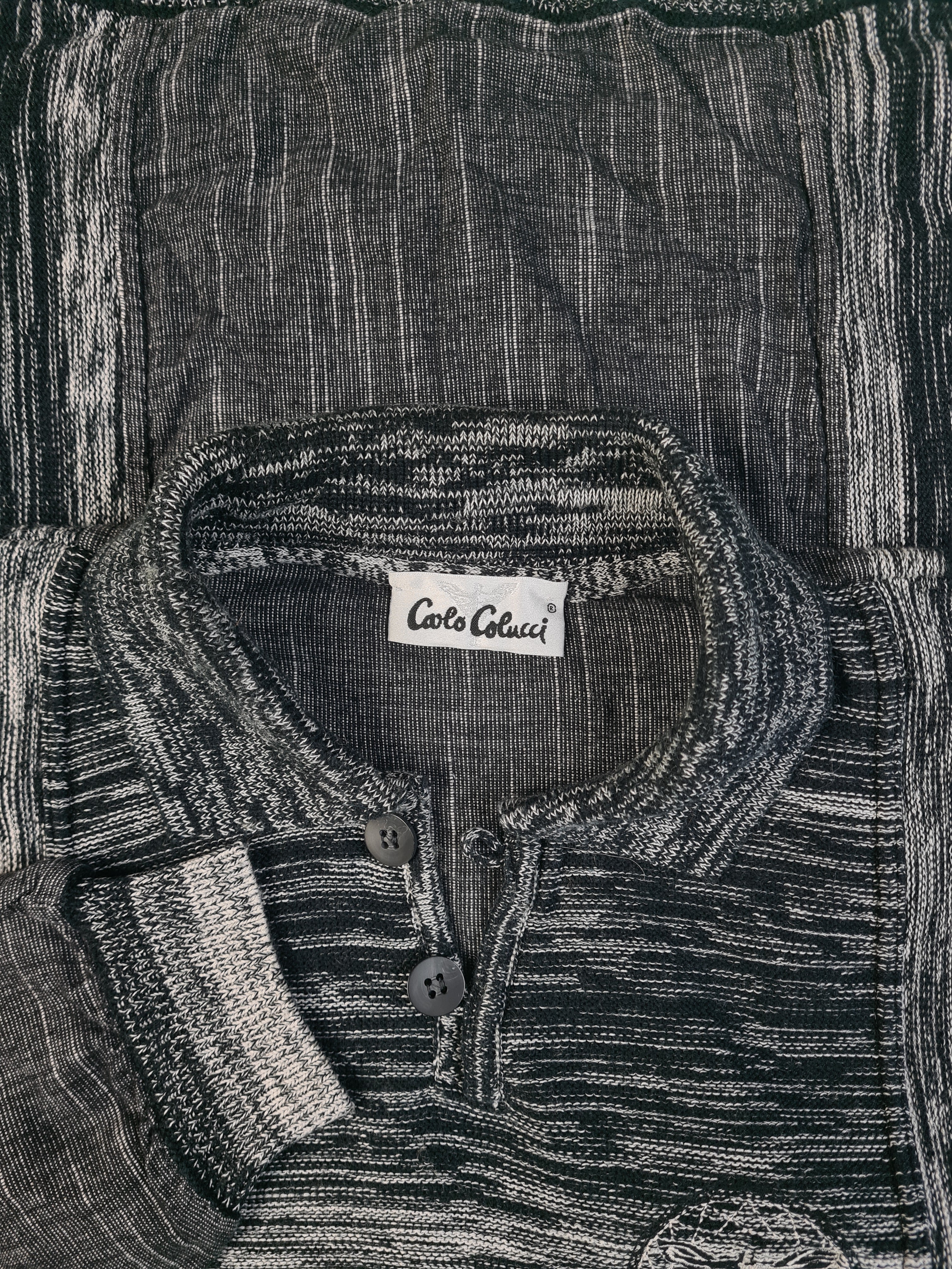 Vintage Carlo Colucci Strickpulli Leinen Mit Polokragen Meliert Grau Schwarz (50) M-L - RareRags