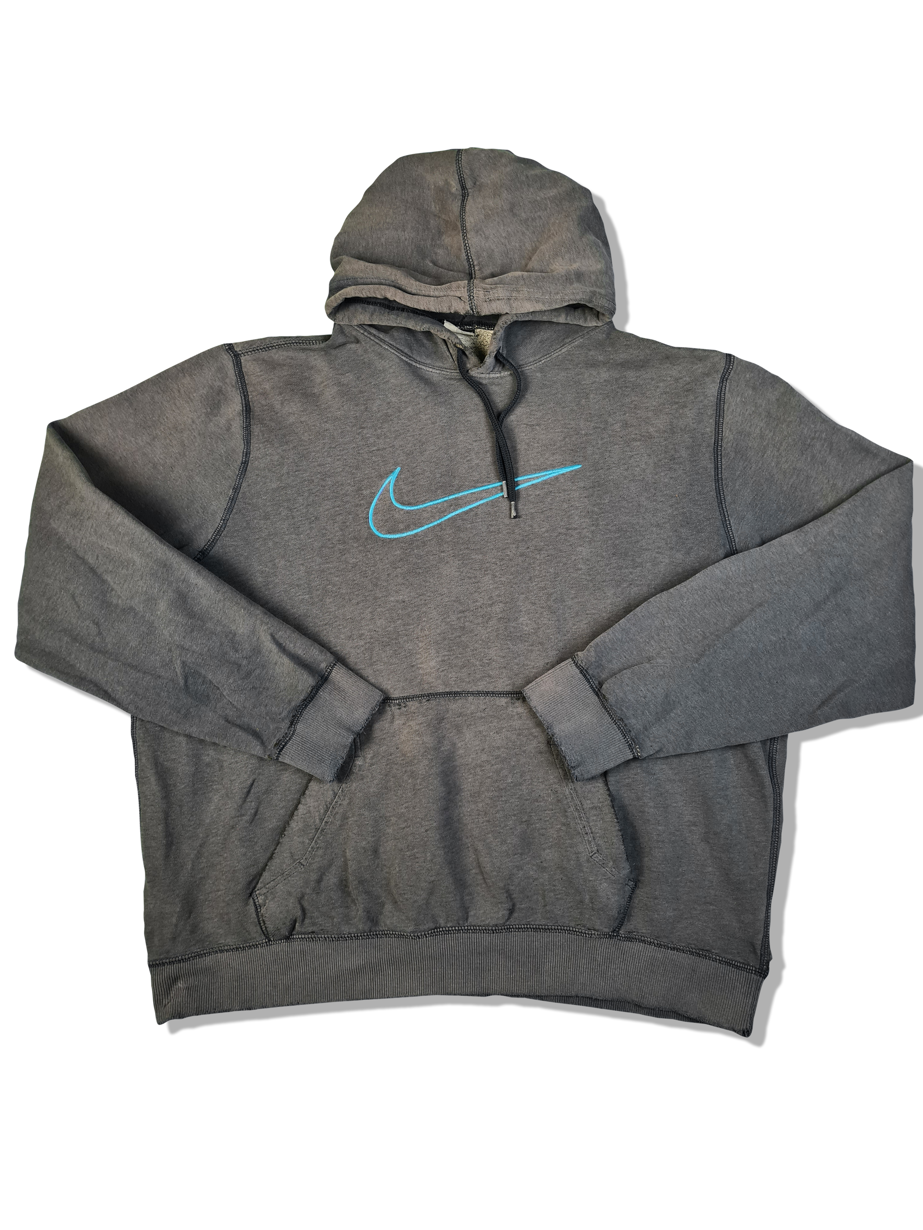 Y2K Nike Hoodie Big Swoosh Trashed Faded Grau XL - RareRags