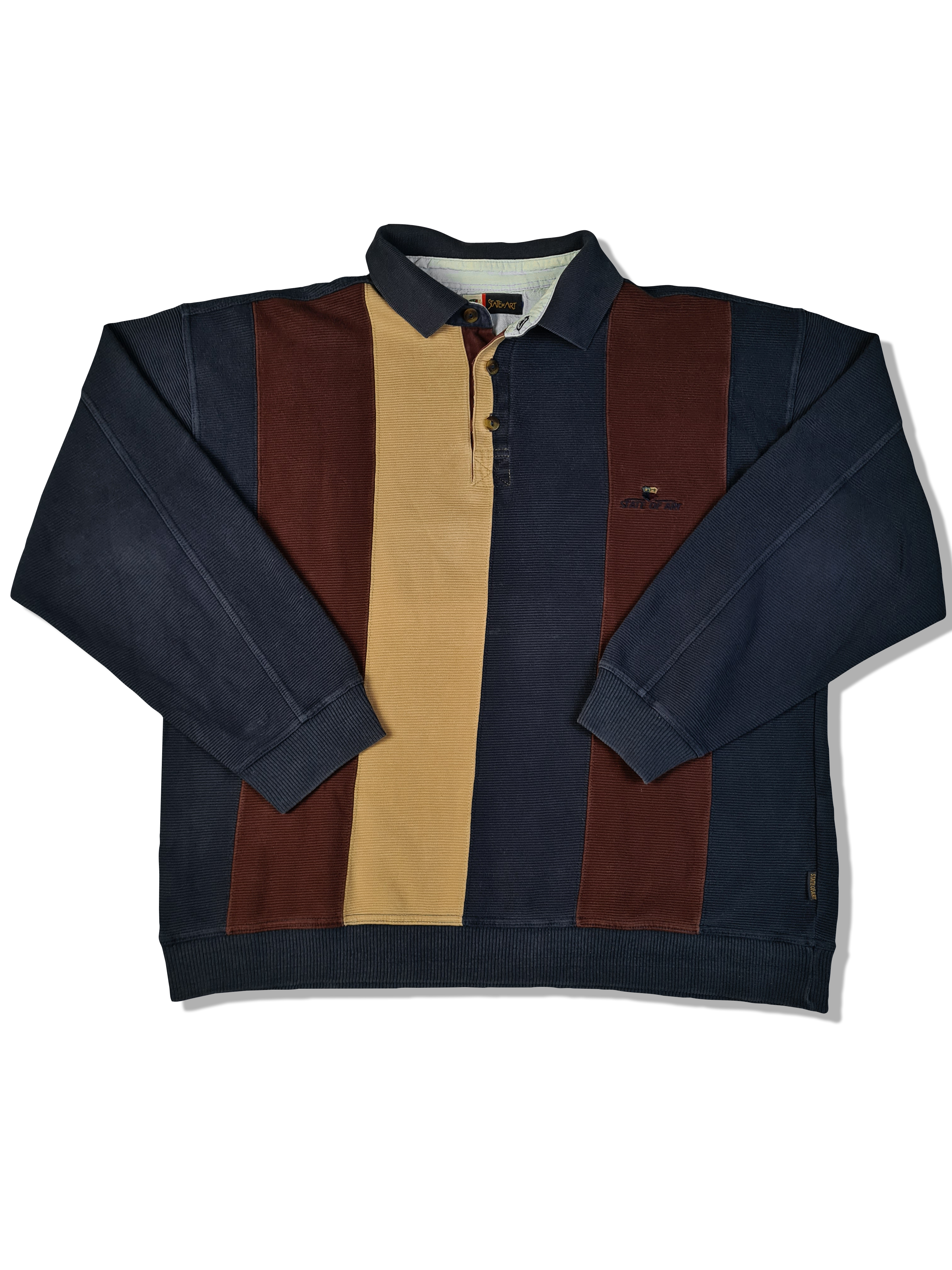 Vintage State Of Art Pullover Polokragen Dunkelblau Braun  L-XL - RareRags