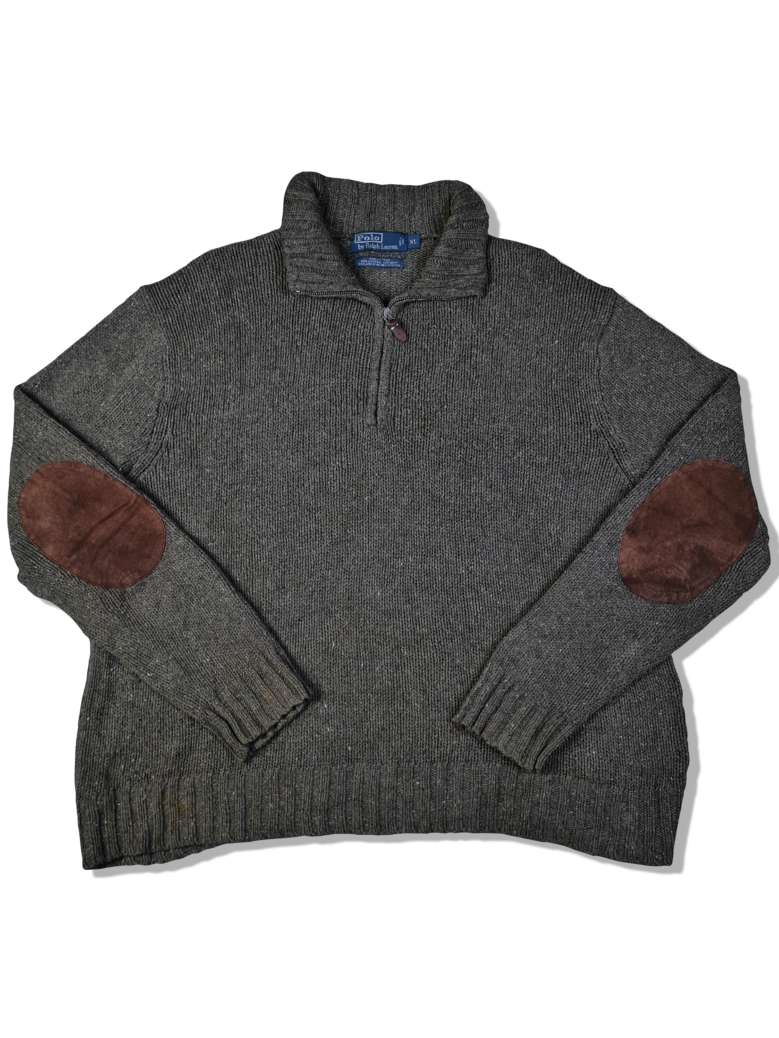Moderner Ralph Lauren Troyer Knitwear Mit Hanfanteil Ellbogen Patches Braun XL - RareRags