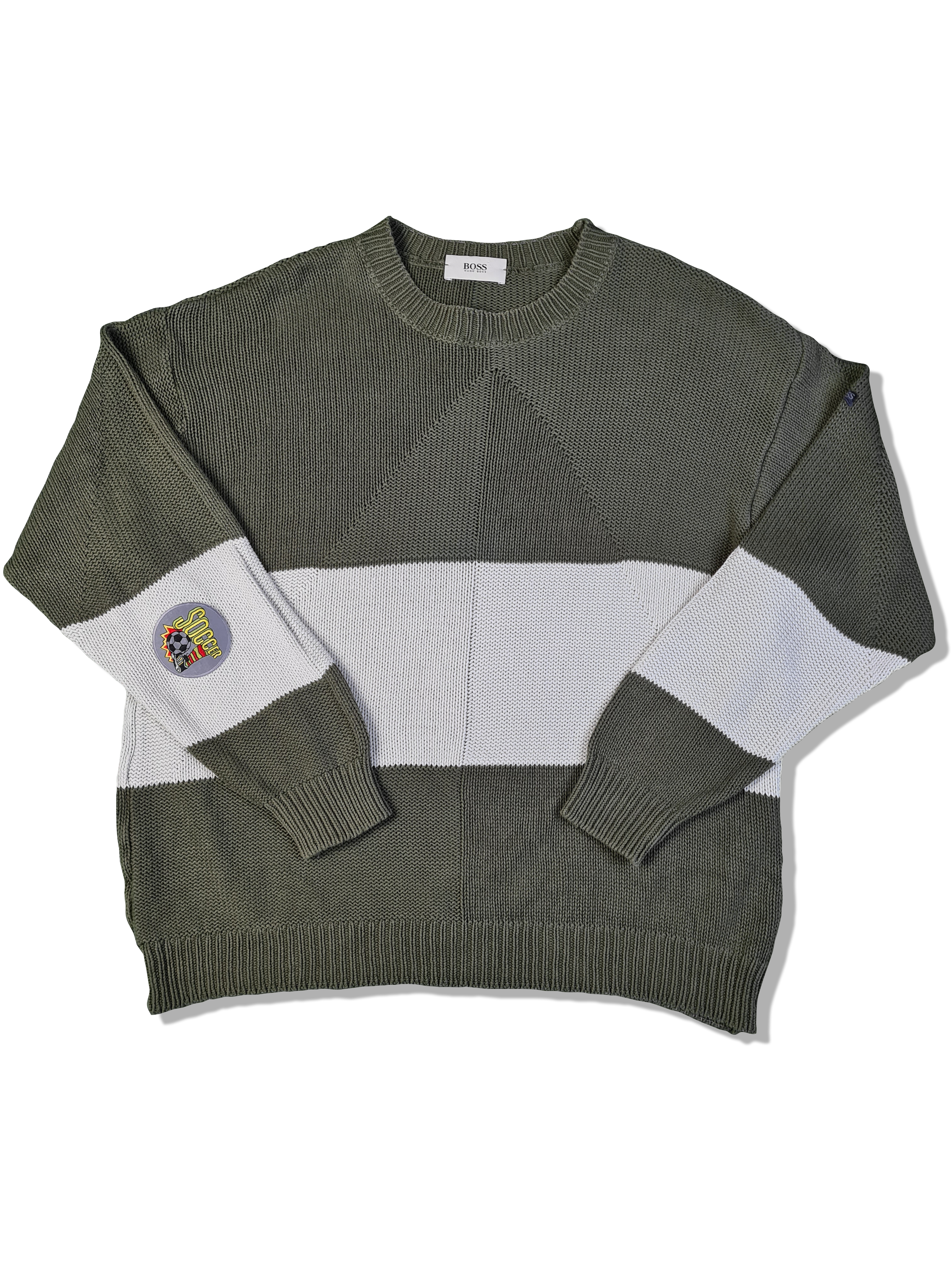 Vintage Hugo Boss Strickpulli Made In Germany Soccer Patch Braun Grau (54) L-XL - RareRags