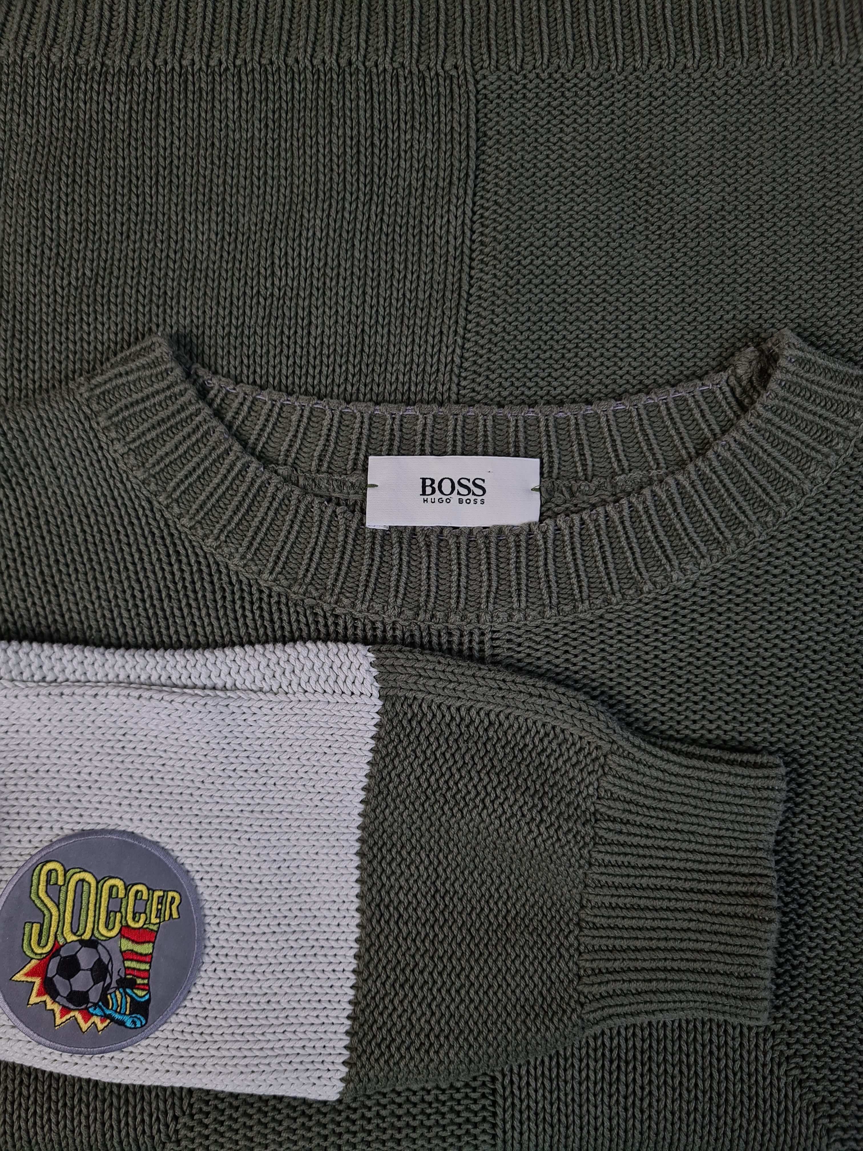 Vintage Hugo Boss Strickpulli Made In Germany Soccer Patch Braun Grau (54) L-XL - RareRags