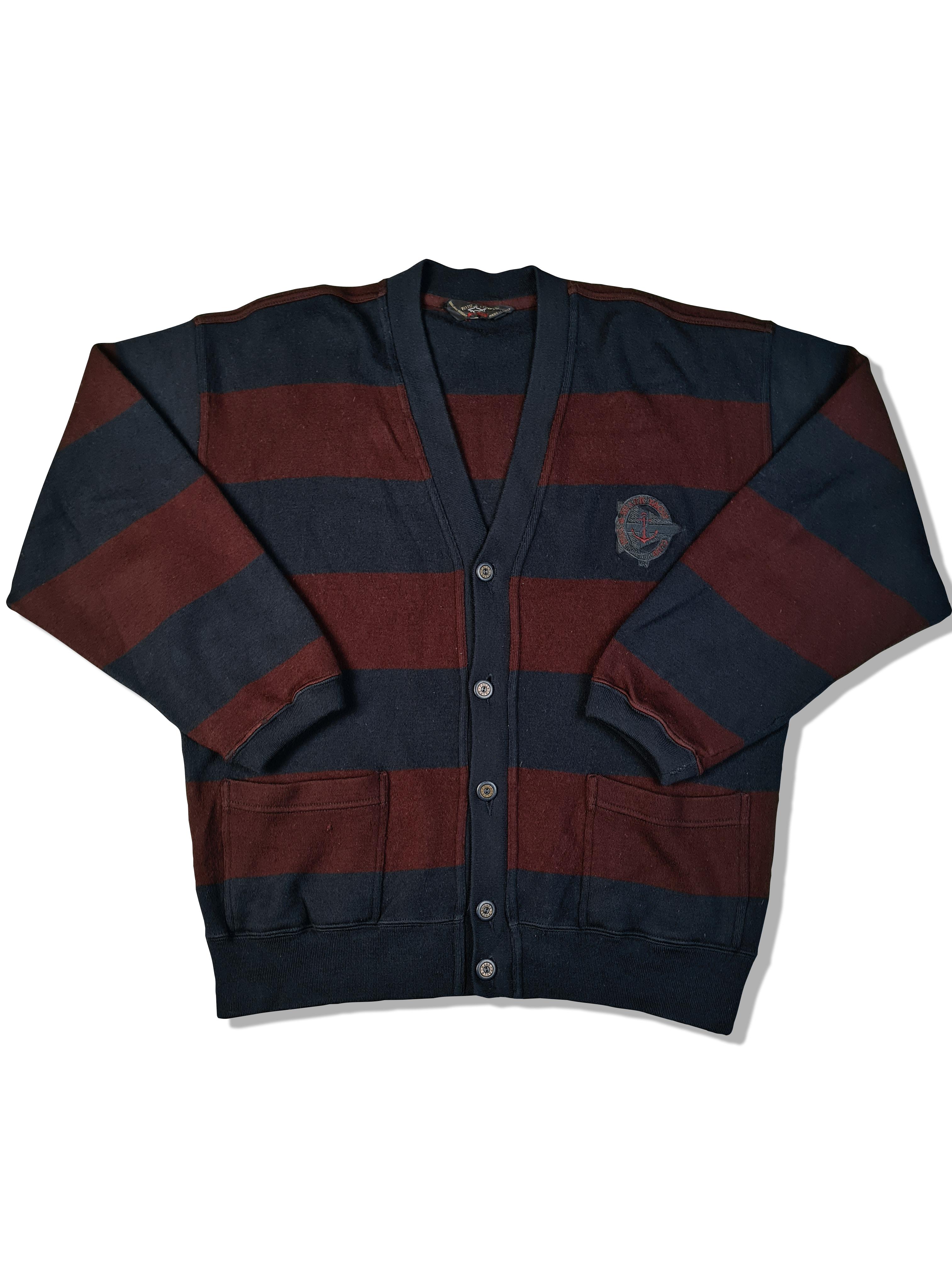 Vintage Paul & Shark Cardigan Schurwolle Made In Italy Gestreift Dunkelblau Rot L - RareRags