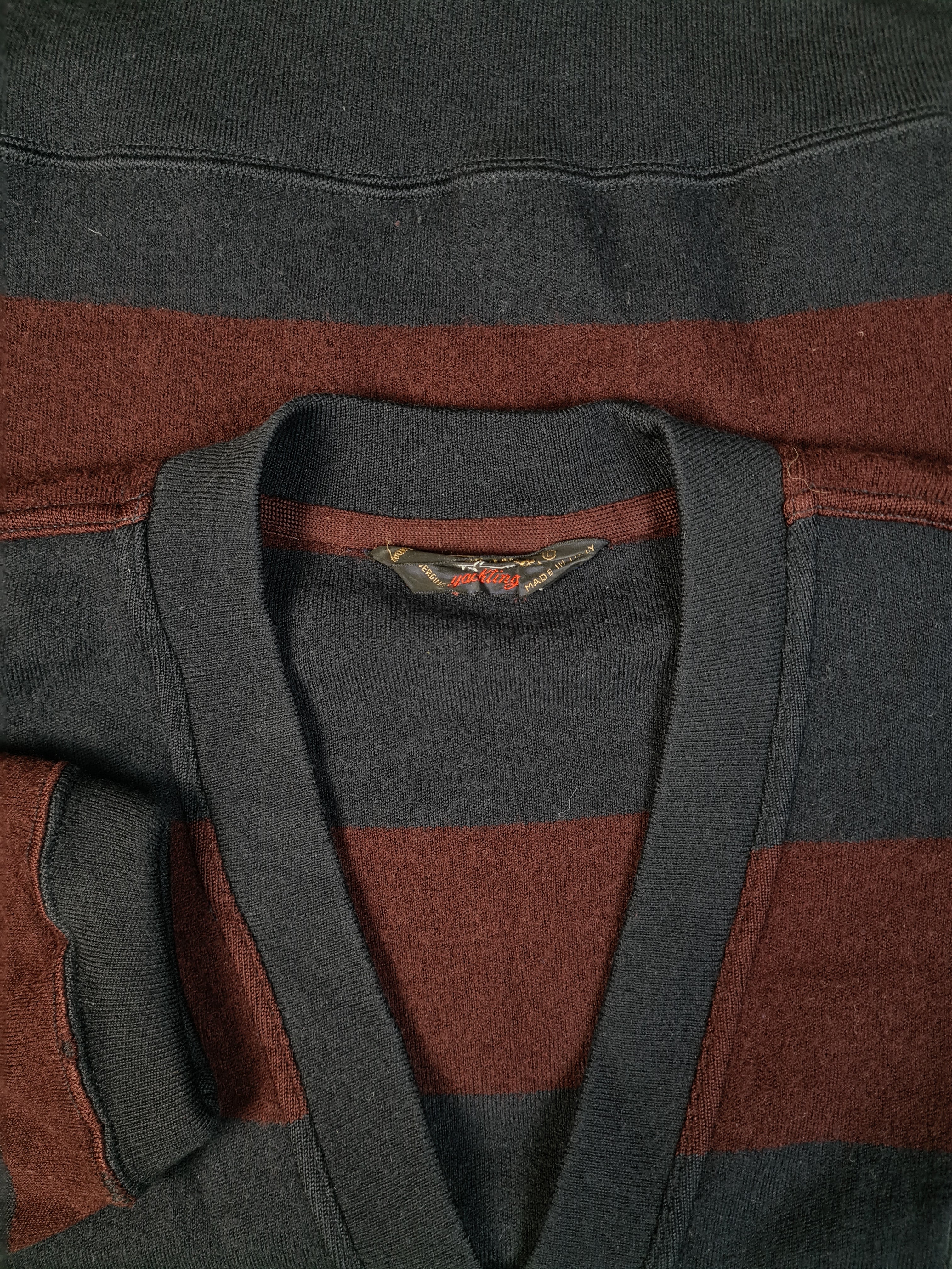 Vintage Paul & Shark Cardigan Schurwolle Made In Italy Gestreift Dunkelblau Rot L - RareRags