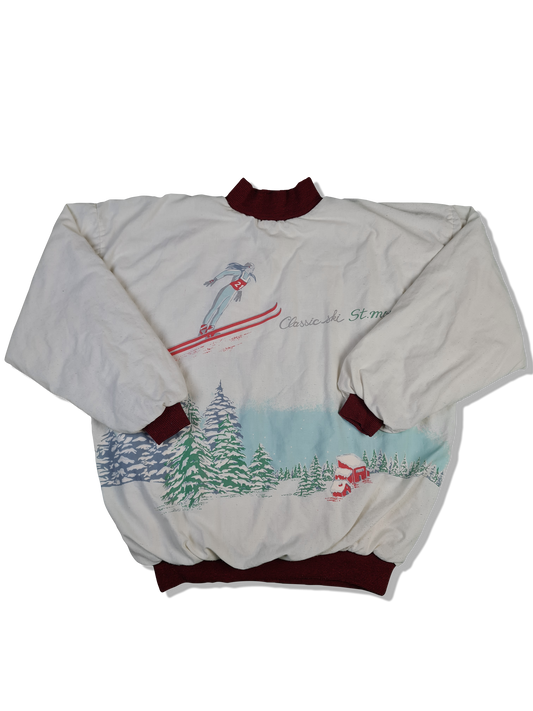 Vintage Reversible Sweater 80s Ski Gestreift Weiß Rot M-L