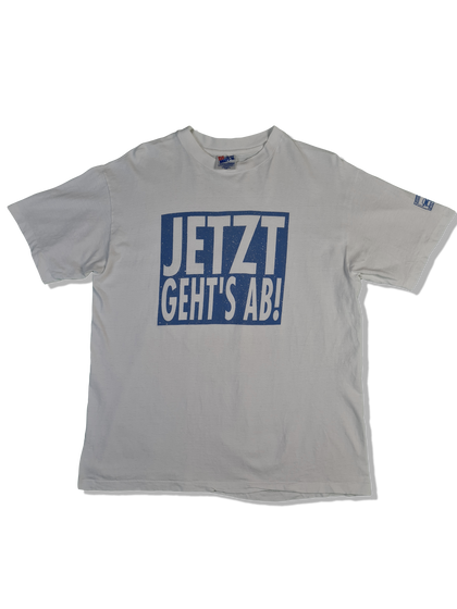Vintage Hanes Shirt "Jetzt geht's ab!" Made In USA Single Stitched Promo Weiß L - RareRags