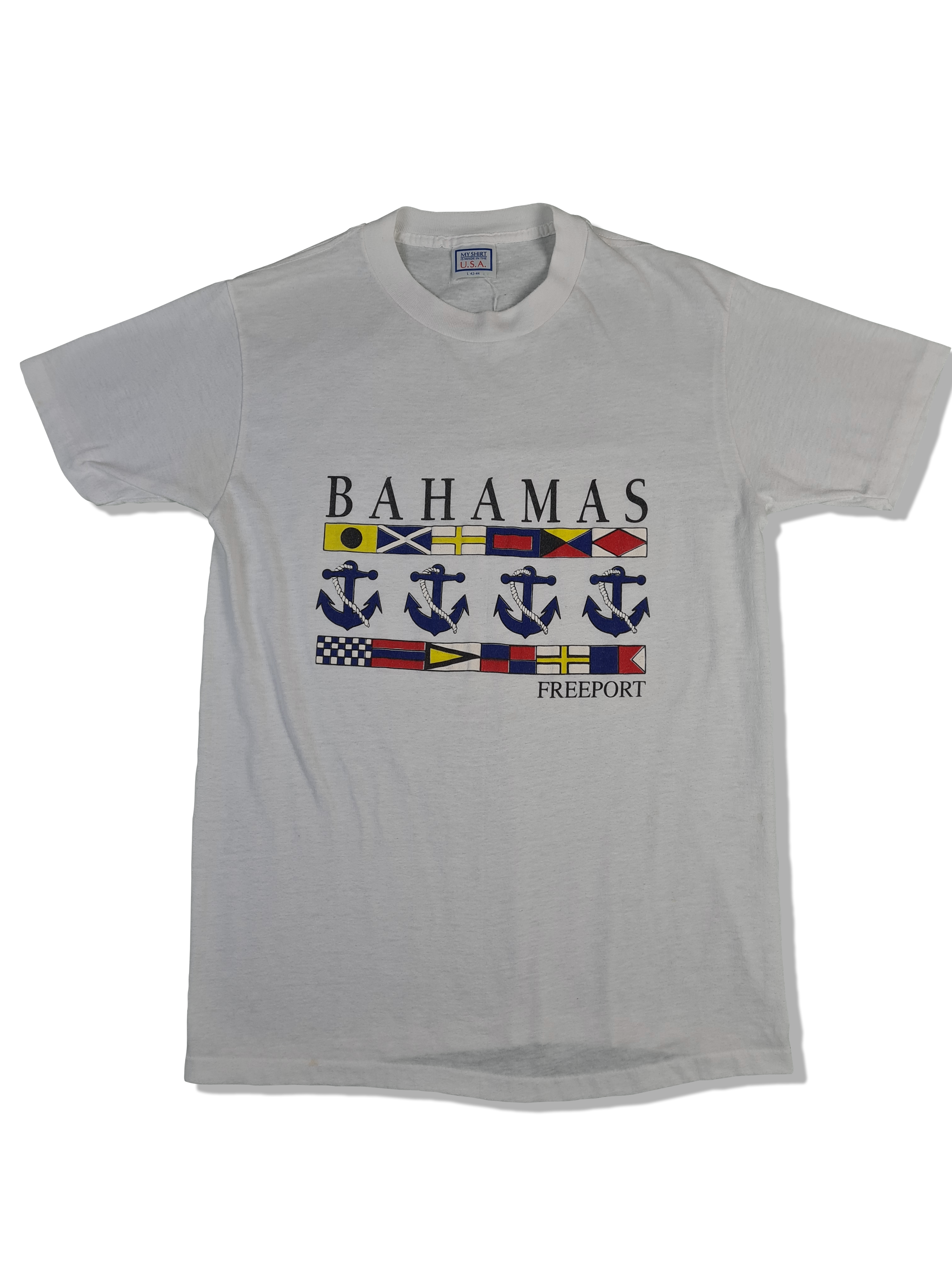 Vintage MyShirt Tourist Bahamas Freeport Made In USA Single Stitched Weiß L - RareRags