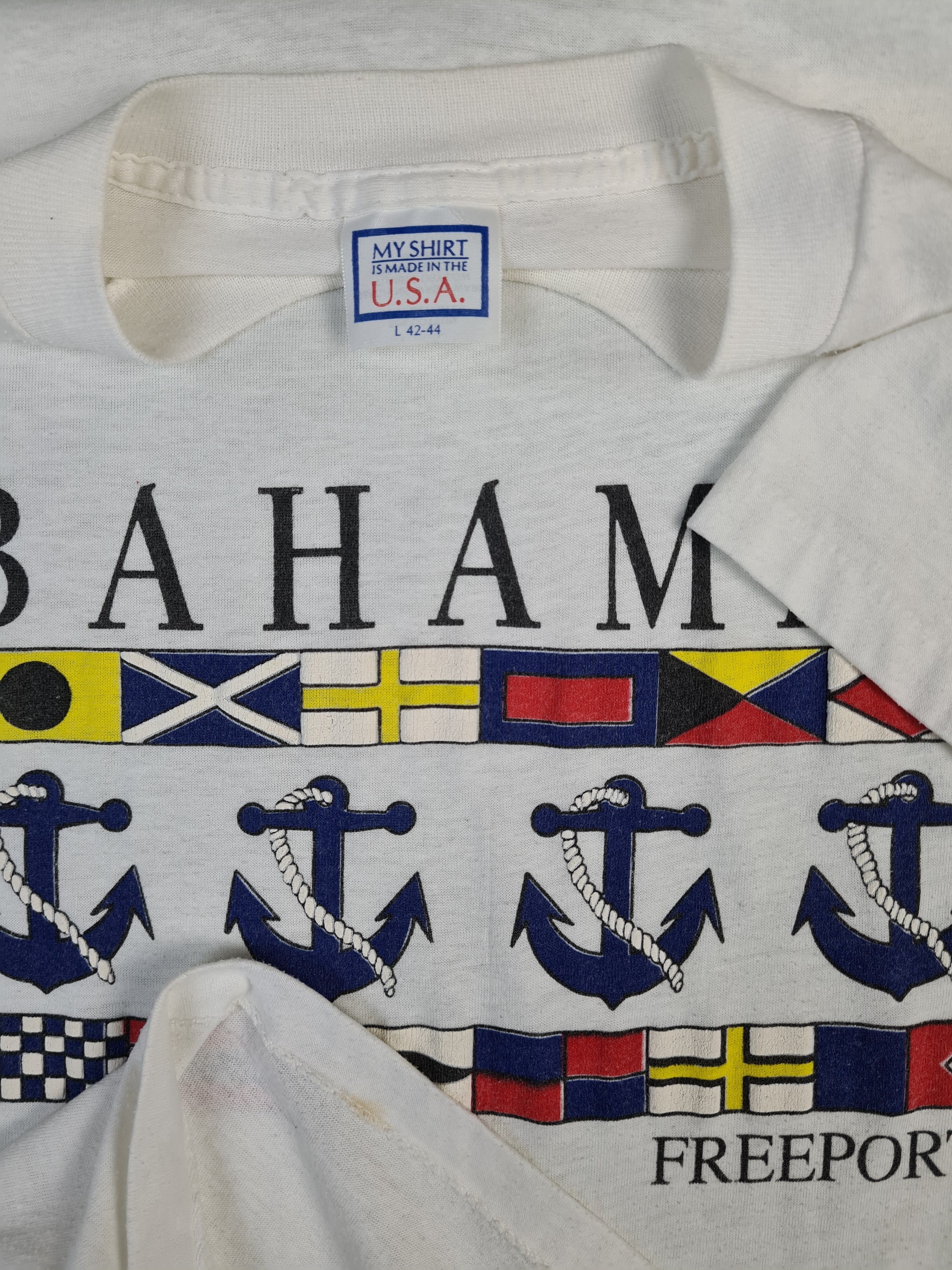 Vintage MyShirt Tourist Bahamas Freeport Made In USA Single Stitched Weiß L - RareRags