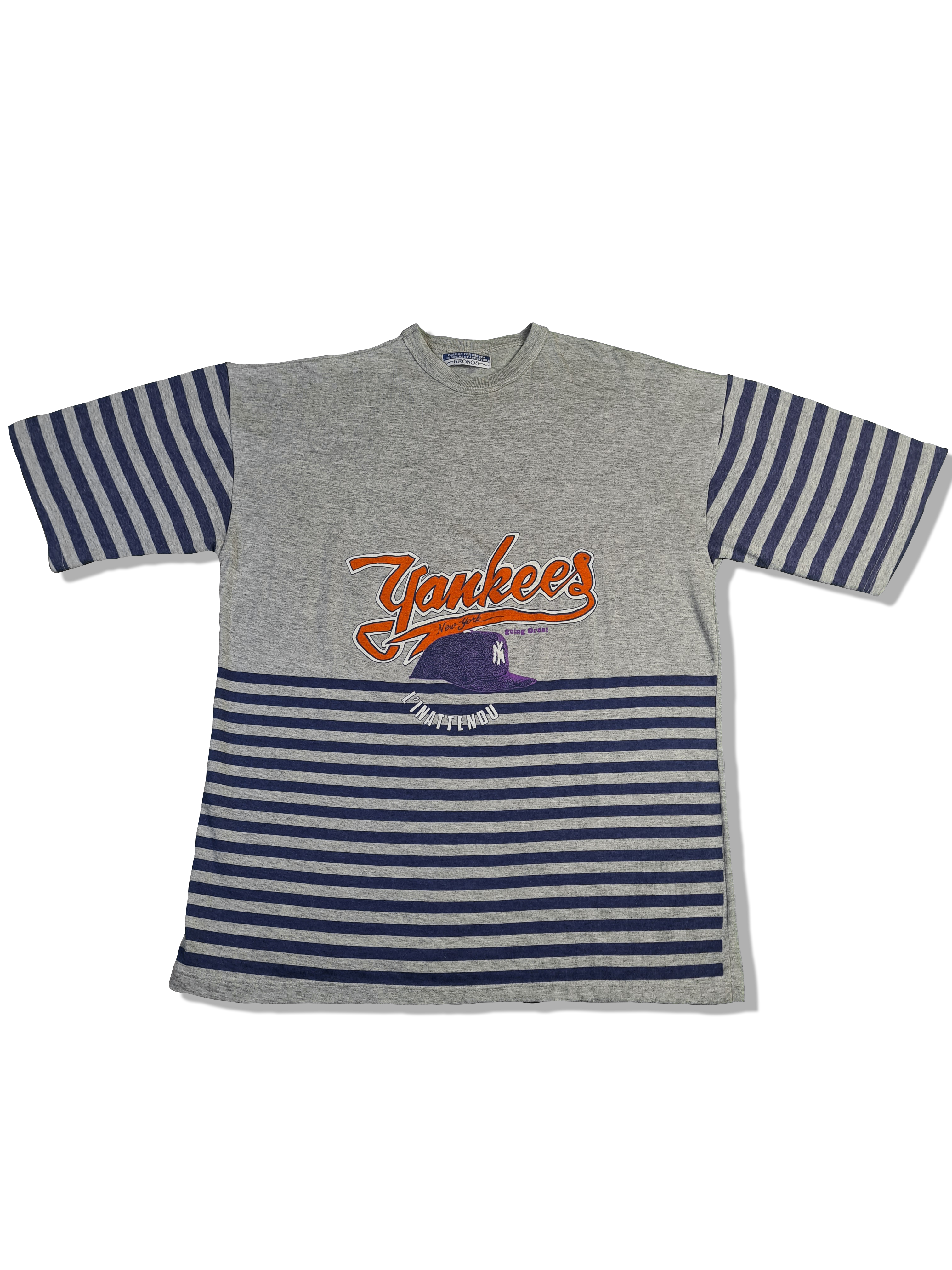Vintage Kronos Shirt 80s NY Yankees Made In Italy Gestreift Grau Blau L-XL - RareRags