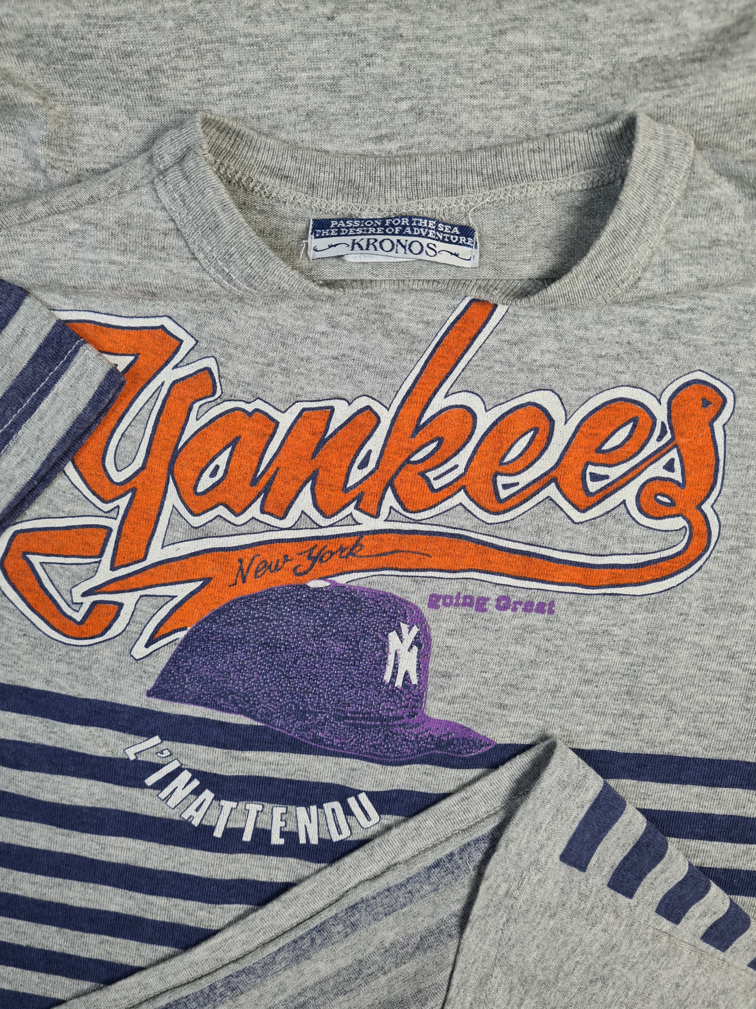 Vintage Kronos Shirt 80s NY Yankees Made In Italy Gestreift Grau Blau L-XL - RareRags