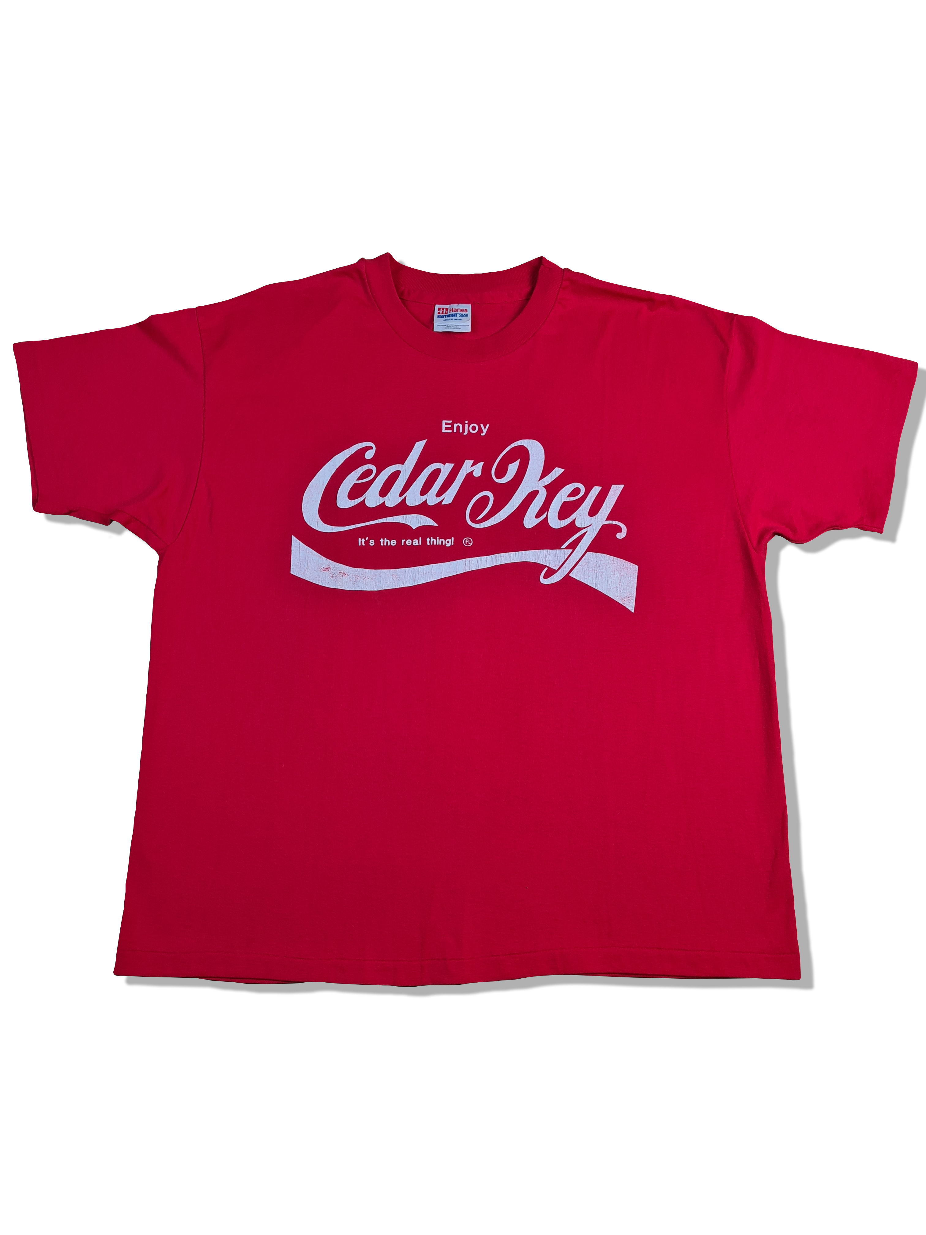 Vintage Hanes Shirt Tourist Enjoy Cedar Key Cola Font Made In USA Single Stitched Rot XL - RareRags