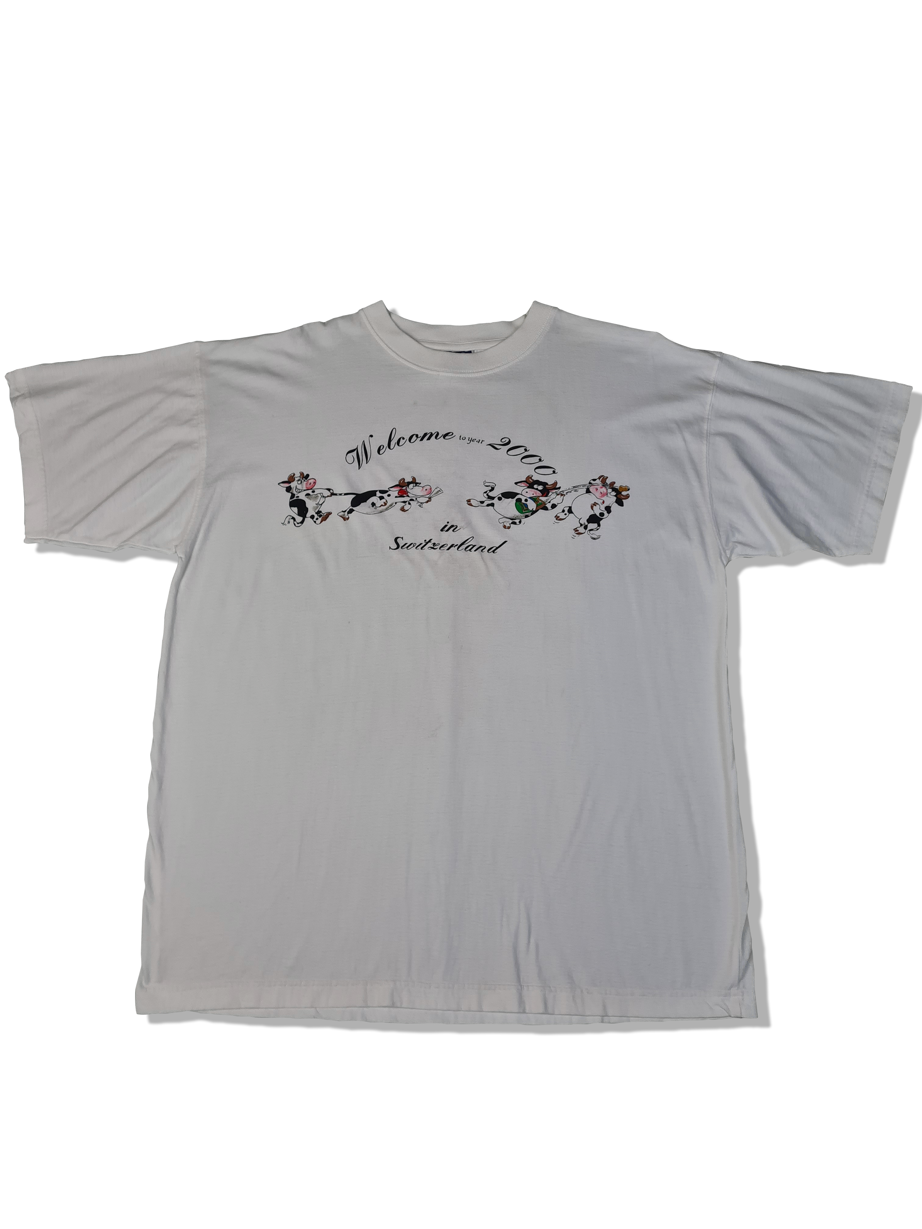 Vintage Cotter Shirt "Bye Bye 1999, Welcome 2000 in Switzerland" Kühe Weiß XL - RareRags